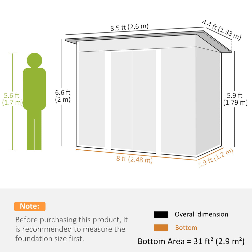 8.5 x 4ft Metal Shed with Lightsky Panels, Garden Storage Tool House with Double Doors for Garden, Patio and Lawn Outsunny
