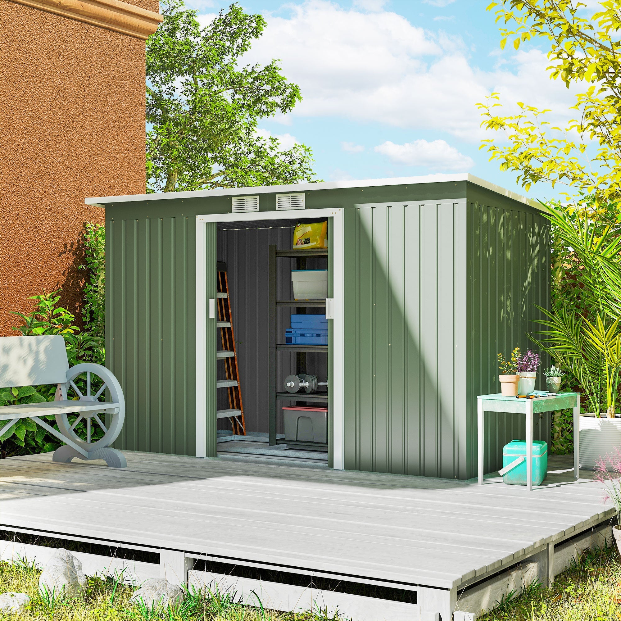 9ft x 4ft Metal Garden Shed, Outdoor Tool House with Foundation Kit, Ventilations and Double Doors Outsunny
