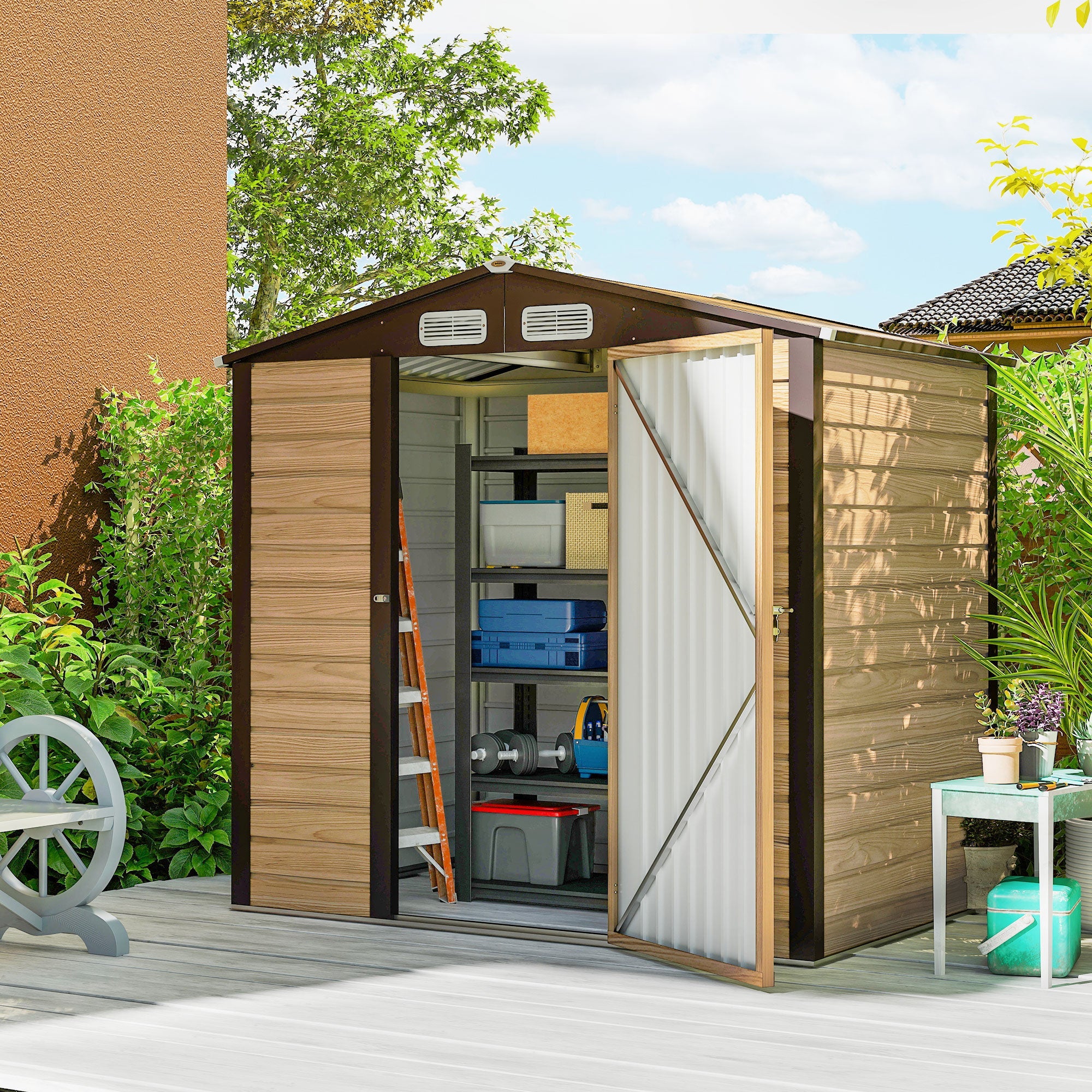 4 x 6ft Galvanised Steel Garden Shed, with Lock and Gloves - Oak Outsunny