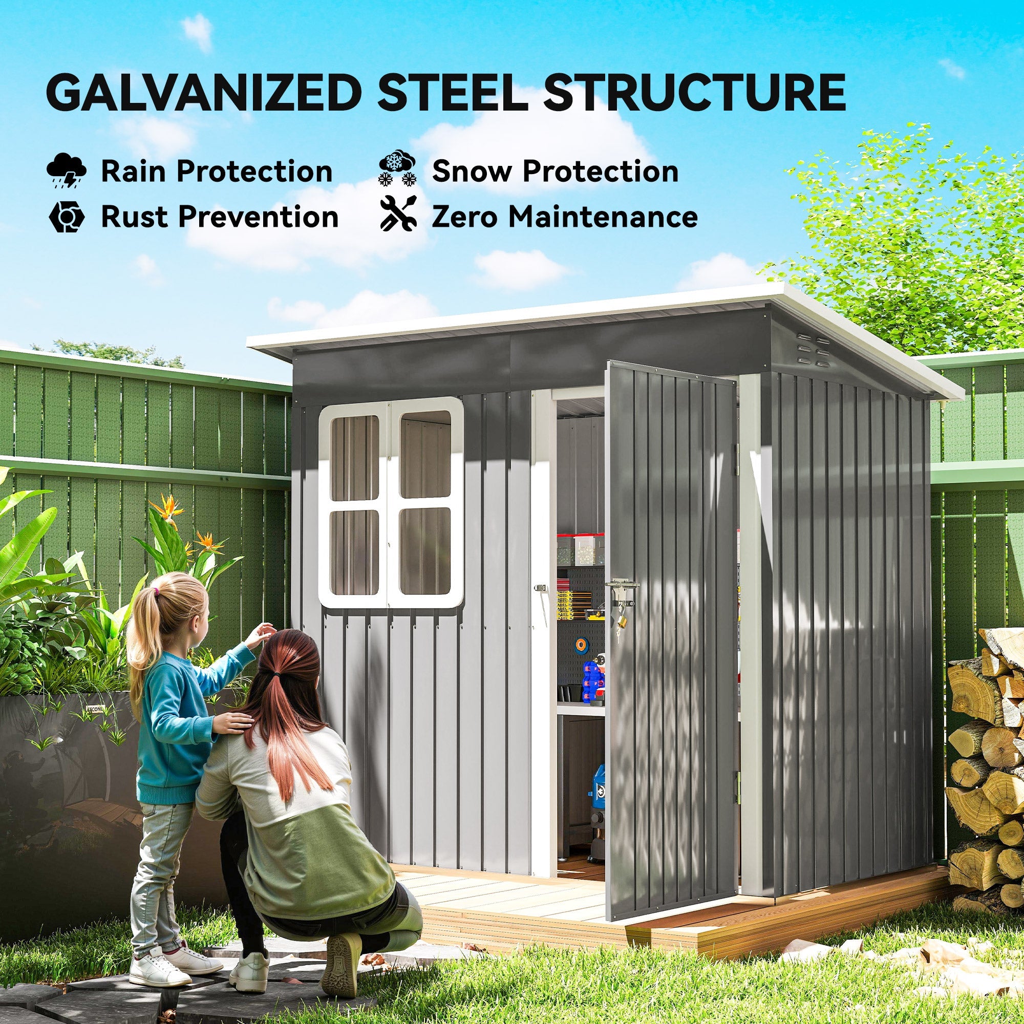 7x4 Garden Shed Galvanised Steel Frame Garden Storage Shed with Lock & Gloves Outsunny