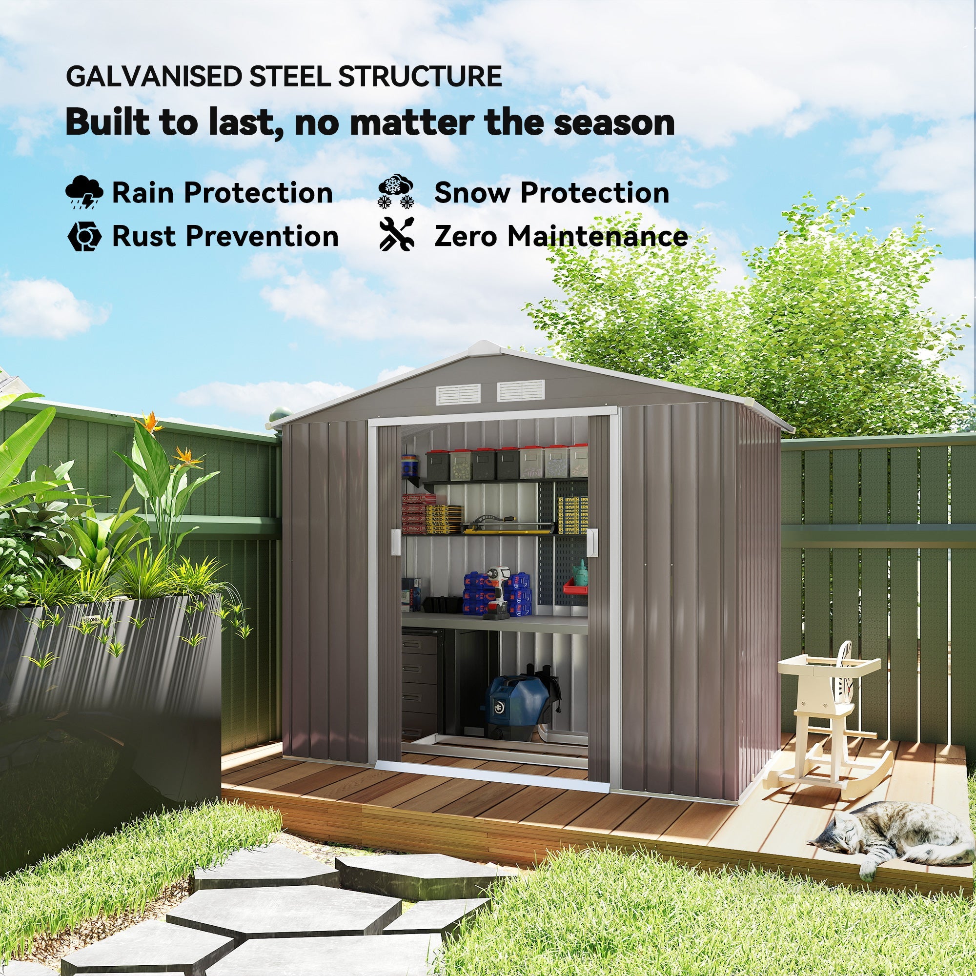 7ft x 4ft Lockable Garden Metal Storage Shed Storage Roofed Tool Metal Shed w/ Air Vents Steel Outsunny