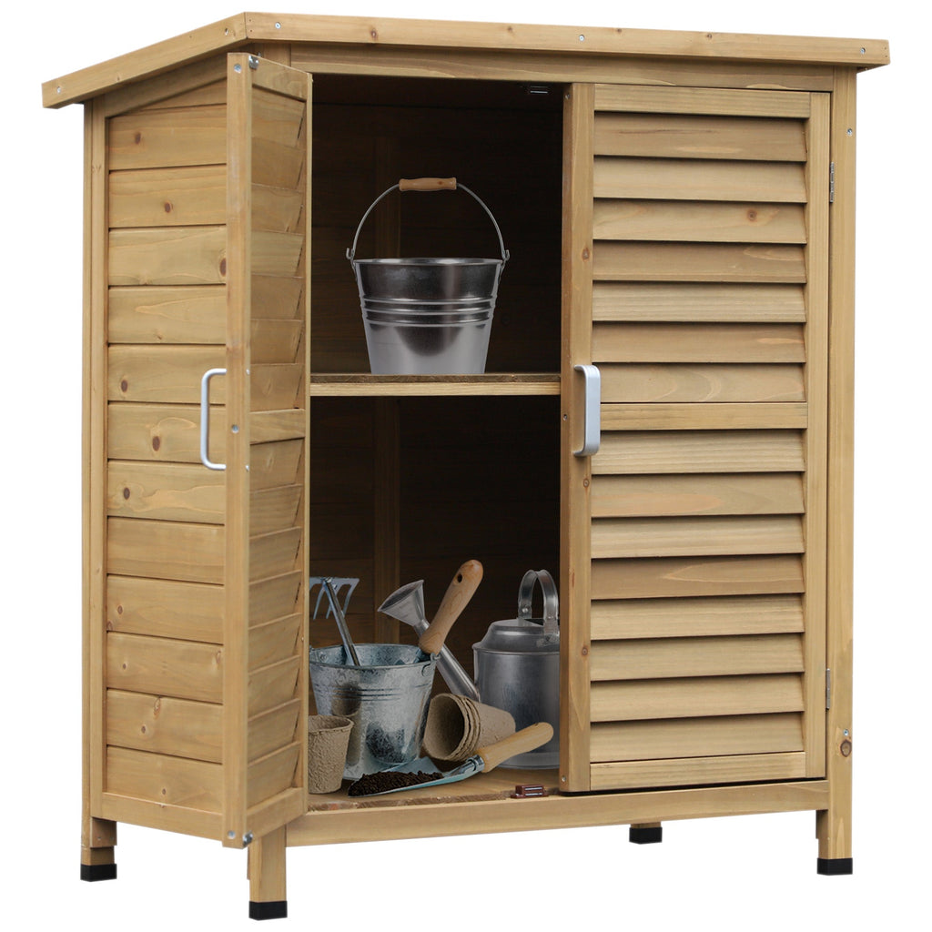 Garden Shed Wooden Garden Storage Shed 2 Door Unit Solid Fir Wood Garage Tool Organisation Cabinet, 87L x 46.5W x 96.5Hcm, Natural Outsunny