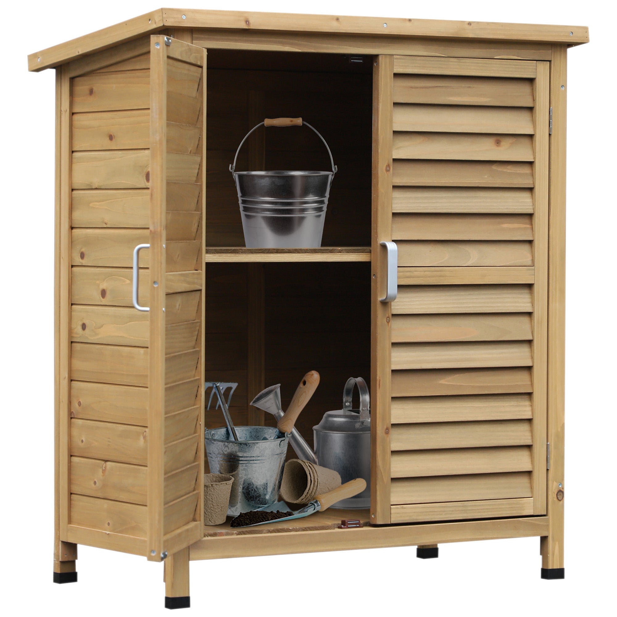 Garden Shed Wooden Garden Storage Shed 2 Door Unit Solid Fir Wood Garage Tool Organisation Cabinet, 87L x 46.5W x 96.5Hcm, Natural Outsunny