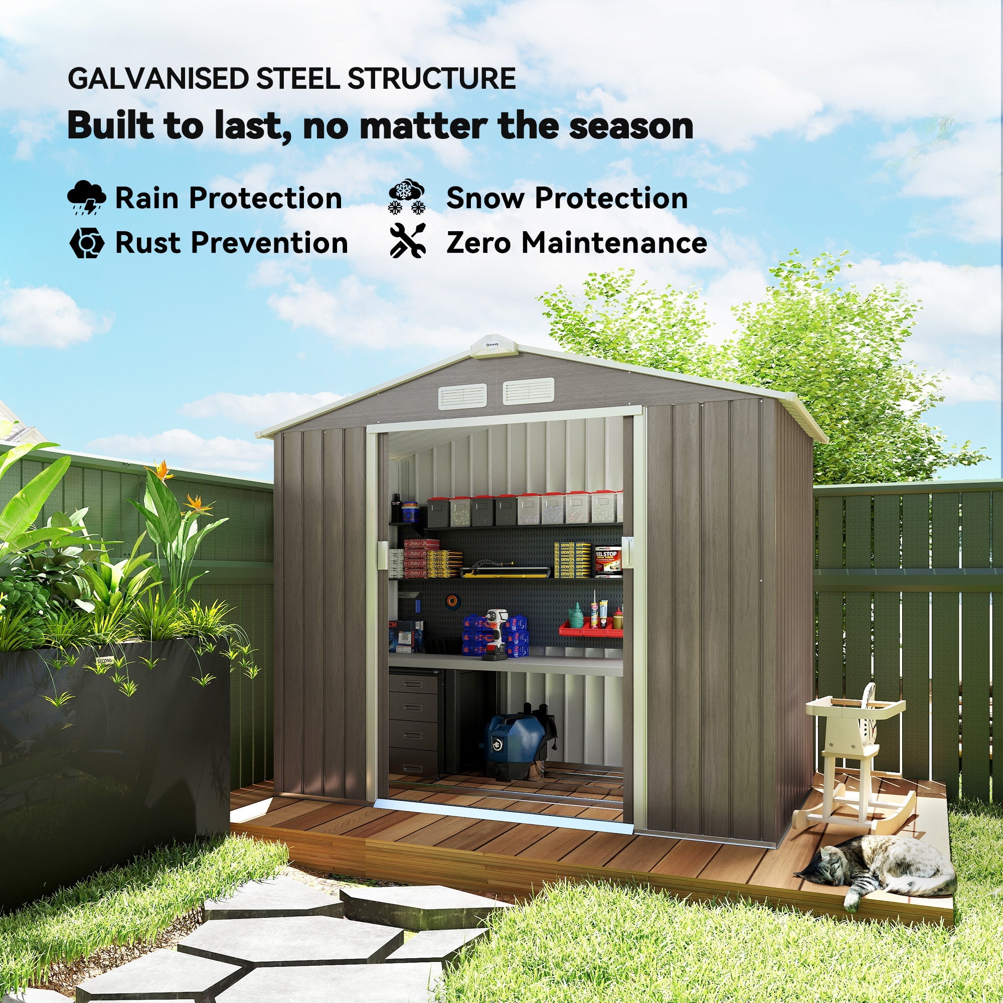 7 x 4ft Metal Garden Storage Shed with Vents, Floor Foundation Kit and Lockable Double Doors Outsunny