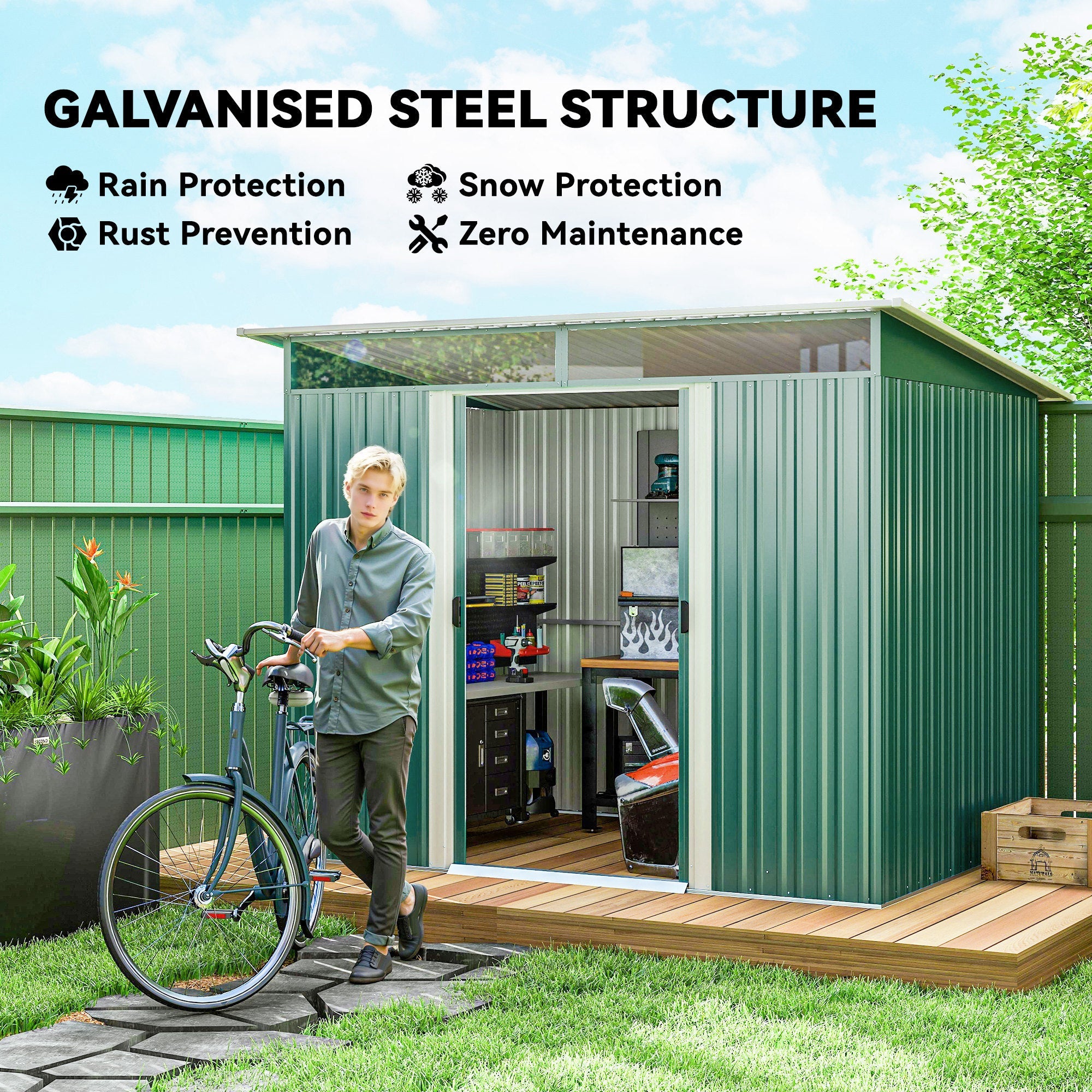 8.5 x 6ft Metal Shed with Lightsky Panels, Garden Storage Tool House with Double Doors for Garden, Patio and Lawn Outsunny