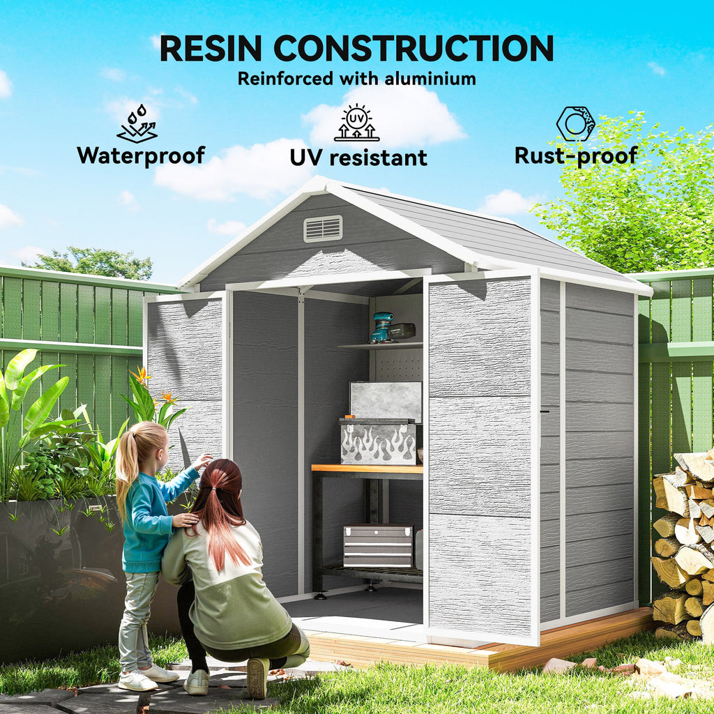 6 x 5ft Garden Shed, Plastic Shed with Floor, Window, Lockable Doors and Vents, Wood Effect Resin Tool Shed for Outdoor Patio Outsunny