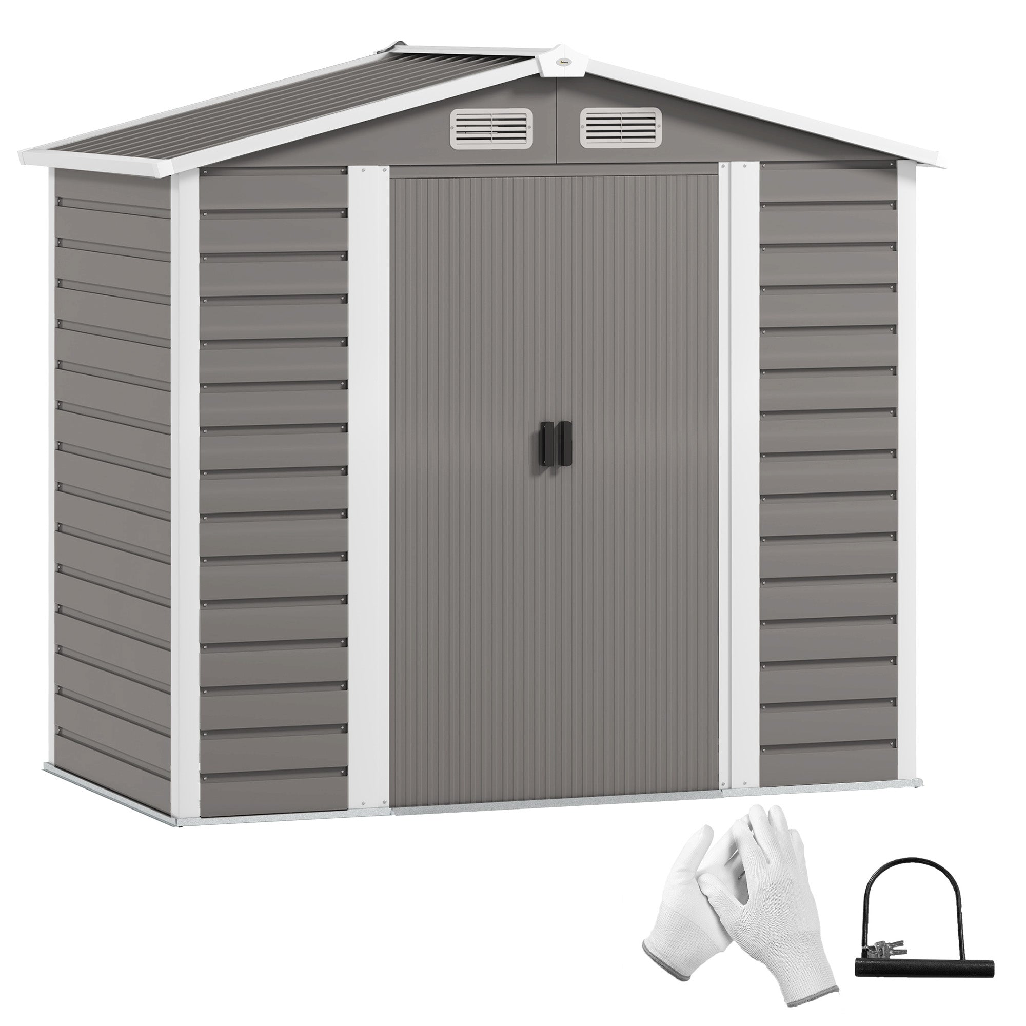7 x 4ft Garden Shed, Easy to Assemble, Upgraded Galvanised Steel Frame with Foundation Kit, Double Doors with Lock, Outdoor Metal Shed with Vents and Gloves, Garden Storage Shed Outsunny
