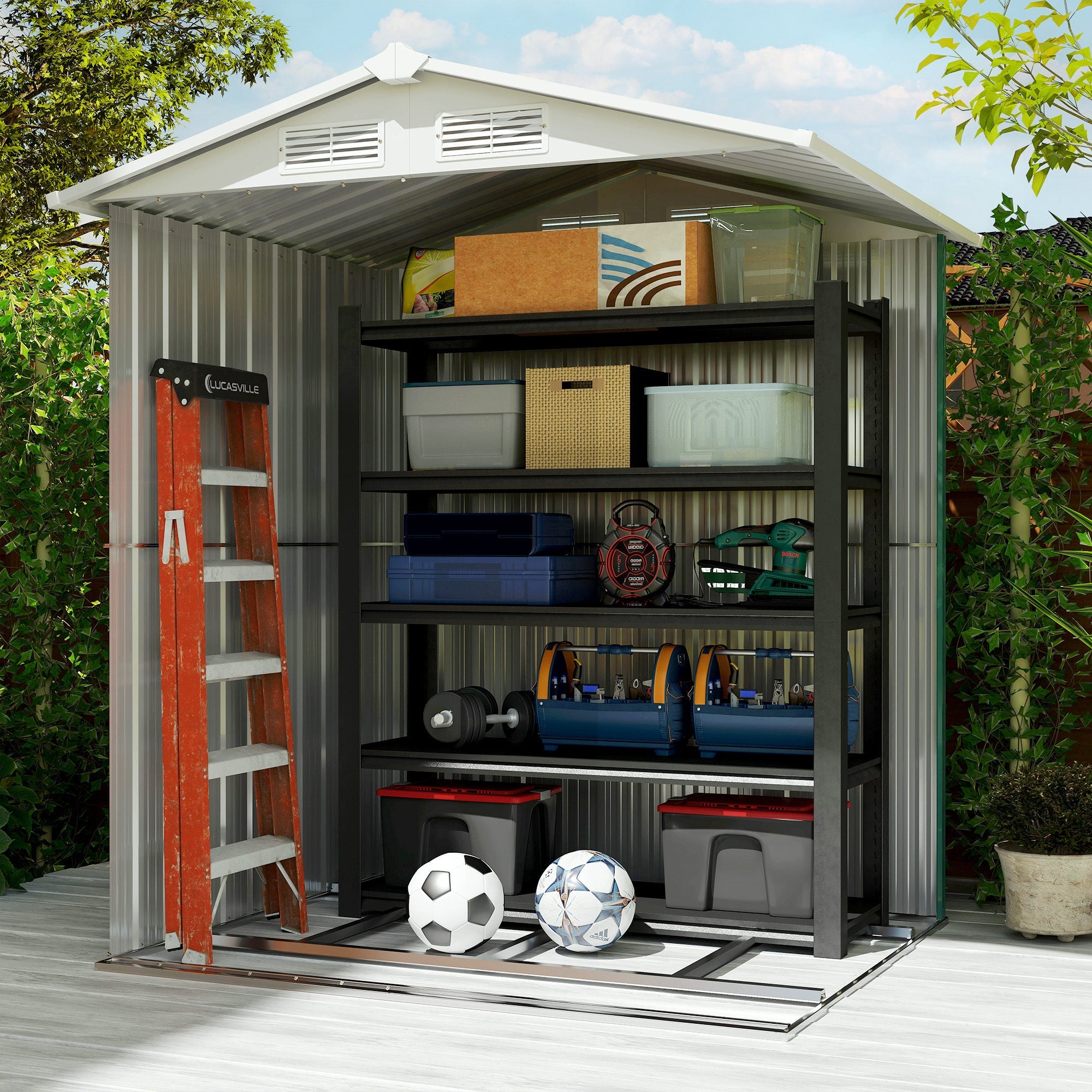 Garden Metal Tool Storage Shed with Sliding Door, Sloped Roof and Floor Foundation, 152 x 132 x 188cm Outsunny