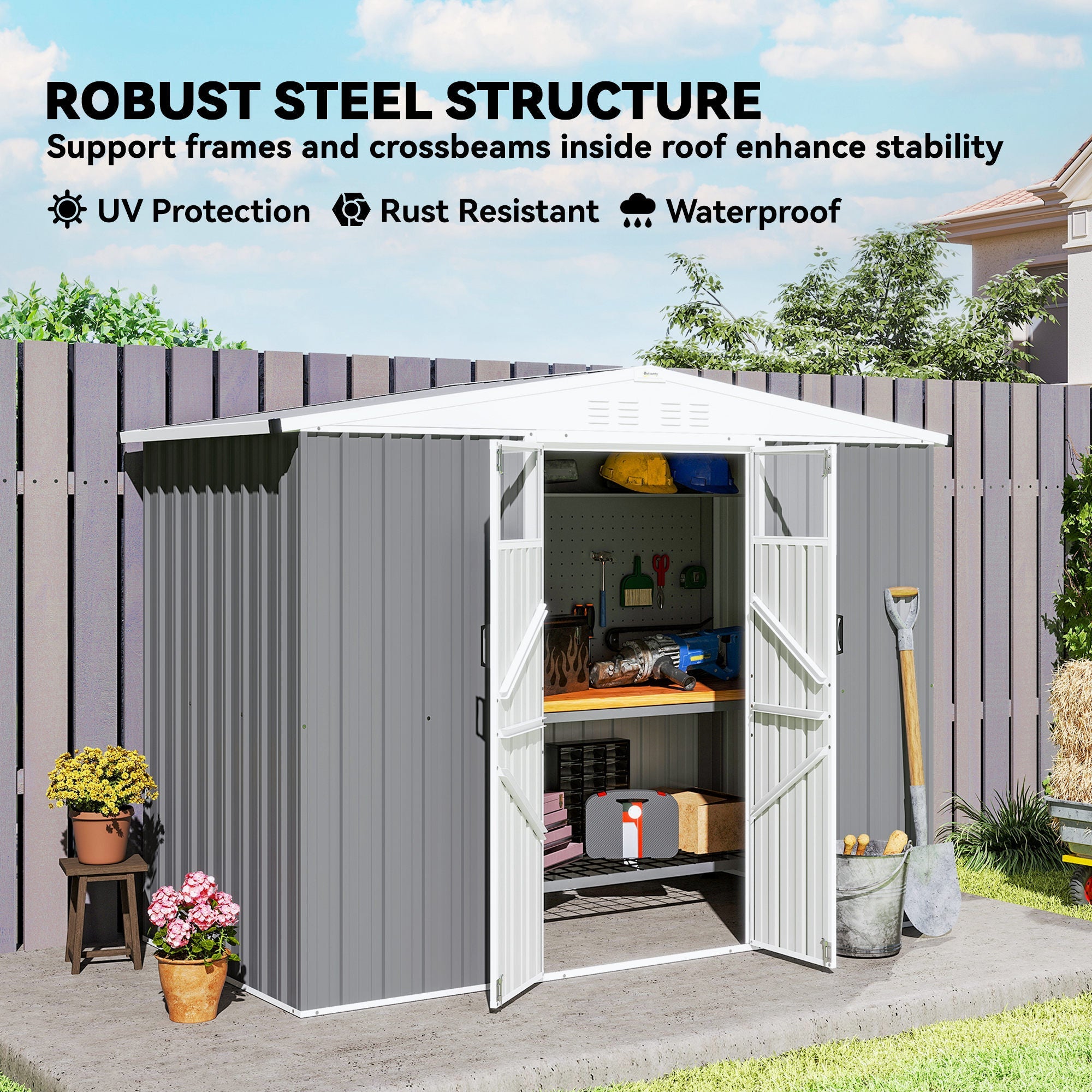 8 x 4 ft Metal Garden Shed, Garden Storage Shed with Window, 4 Vents and Lockable Door, Waterproof Galvanised Steel Tool Storage Shed Outsunny