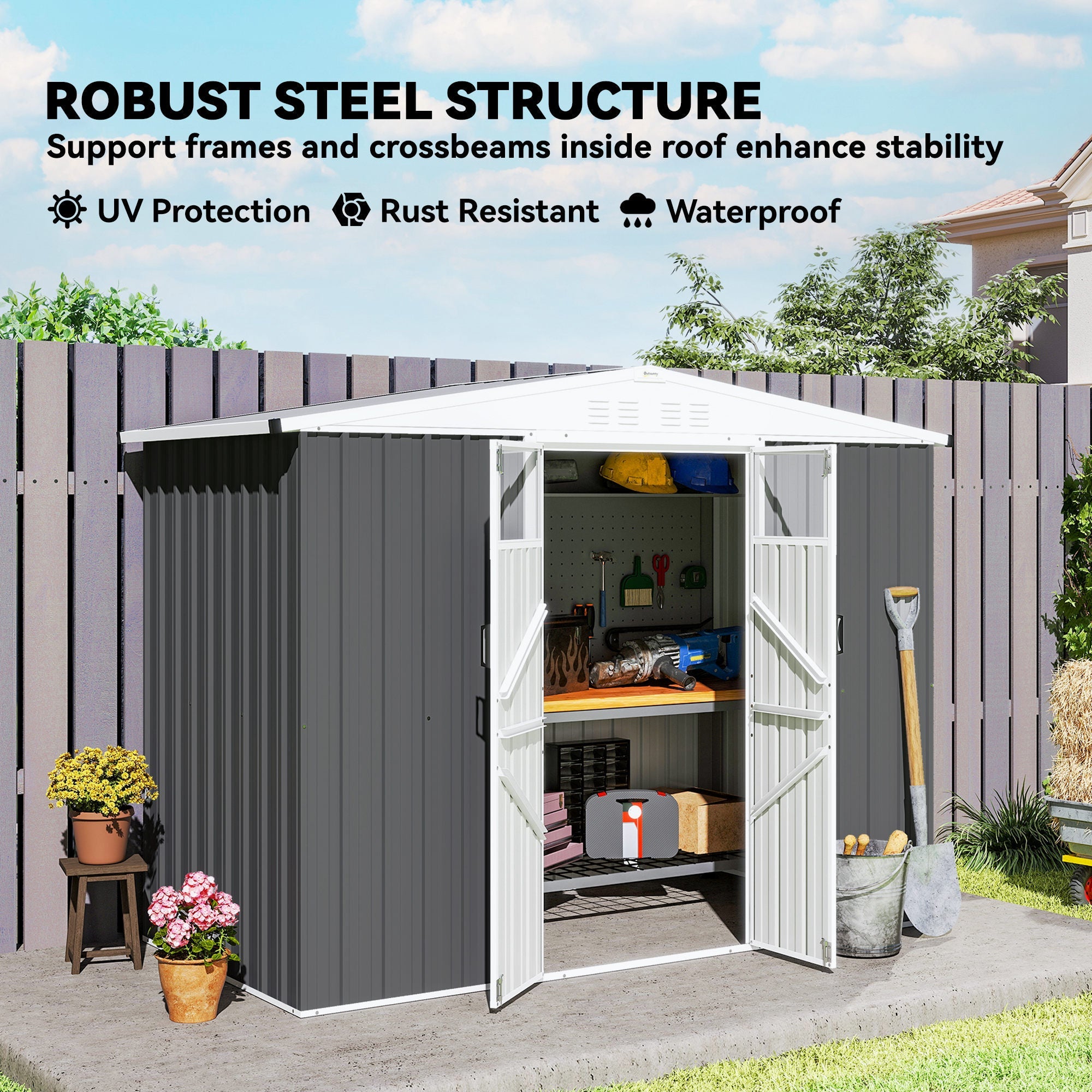 8 x 4 ft Metal Garden Shed, Garden Storage Shed with Window, 4 Vents and Lockable Door, Waterproof Galvanised Steel Tool Storage Cabinet Outsunny