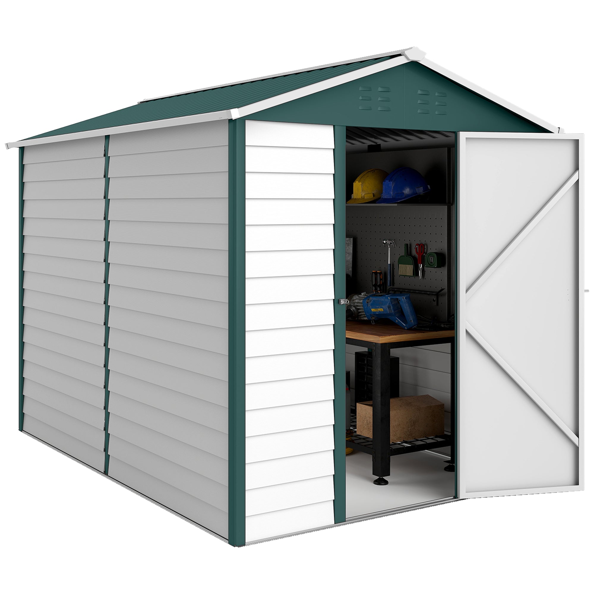 9x 6FT Metal Outdoor Garden Shed, Galvanised Tool Storage Shed w/ Sloped Roof, Lockable Door for Patio Lawn, Green Outsunny