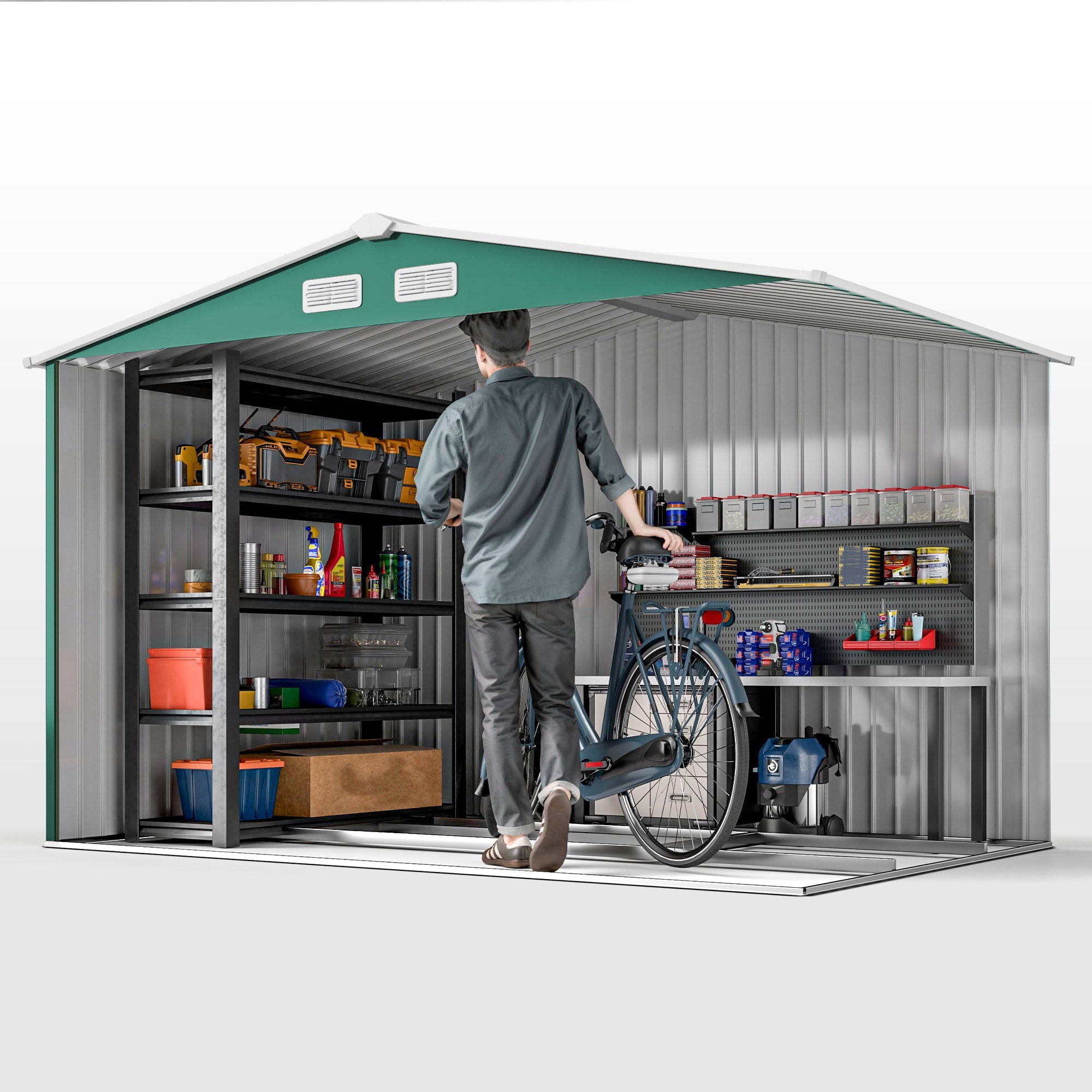 9 x 6ft Metal Garden Shed, Outdoor Storage Tool House with Ventilation Slots, Foundation Kit and Lockable Double Doors, Green Outsunny
