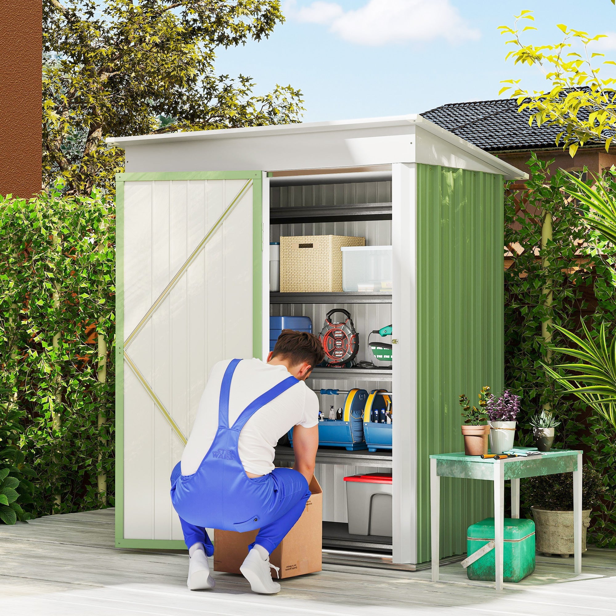 Metal Garden Shed, Outdoor Lean-to Shed for Tool Motor Bike, with Adjustable Shelf, Lock, Gloves, 5'x3'x6' Outsunny