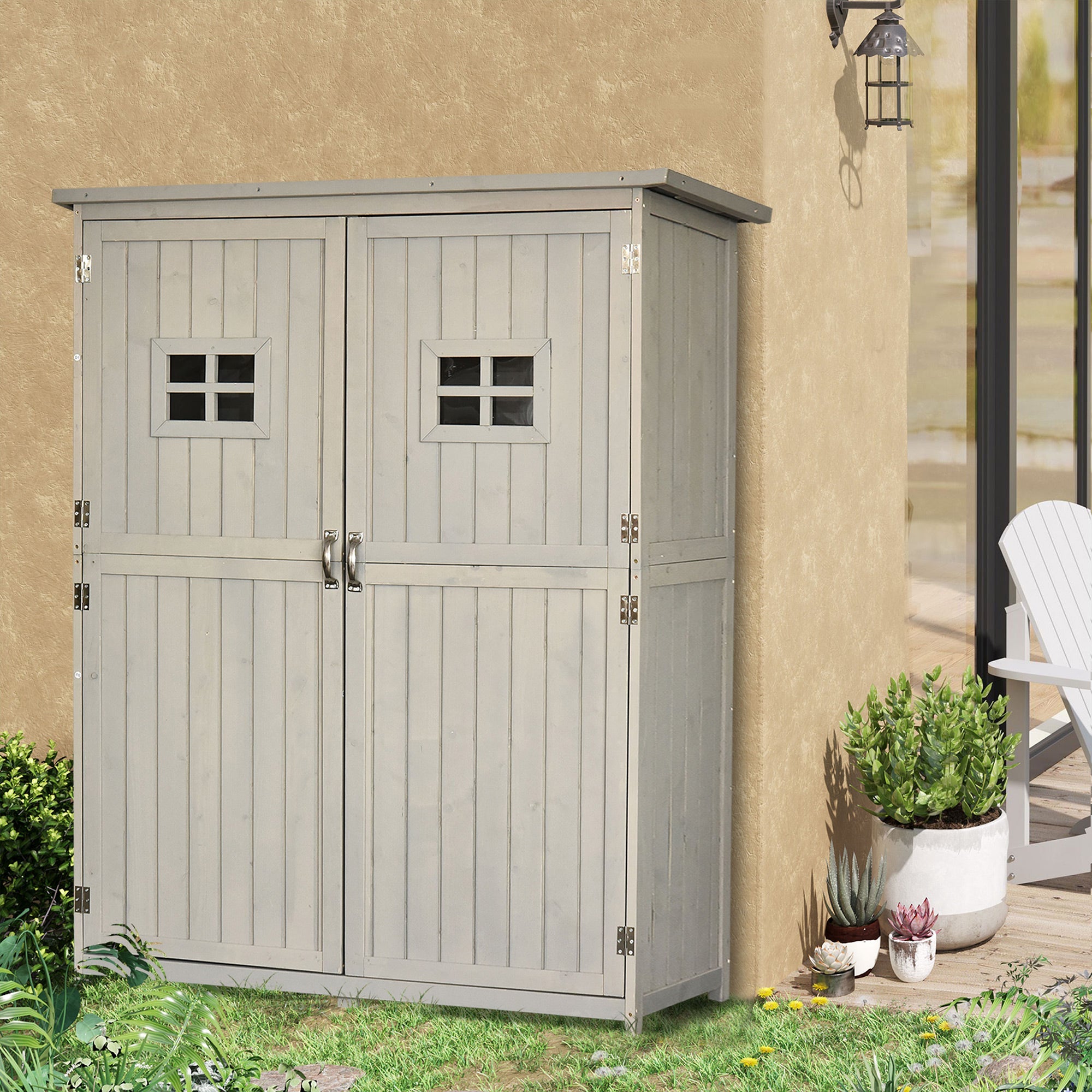 Wooden Garden Shed with Two Windows, Tool Storage Cabinet, Outdoor Double Door Organizer 127.5L x 50W x 164H cm Outsunny