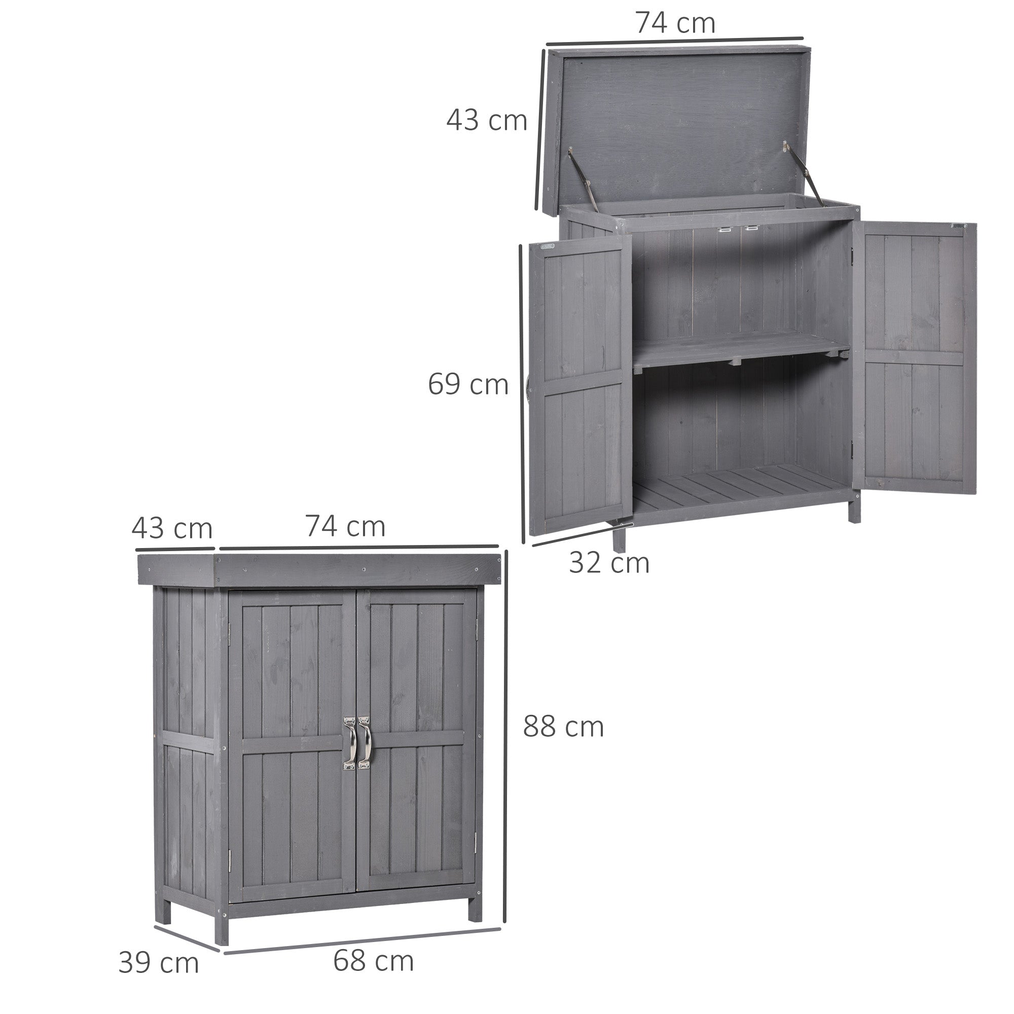 Small Shed, Wooden Garden Shed with Openable Hinged Roof and Removable Shelf, Outdoor Tool Storage Cabinet Chest with Double Doors, 74 x 43 x 88 cm Outsunny