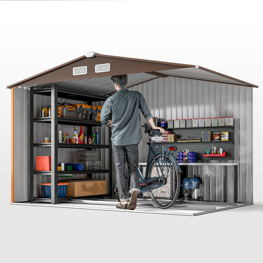 9 x 6ft Metal Garden Shed, Outdoor Storage Tool House with Ventilation Slots, Foundation Kit and Lockable Double Doors, Light Brown Outsunny