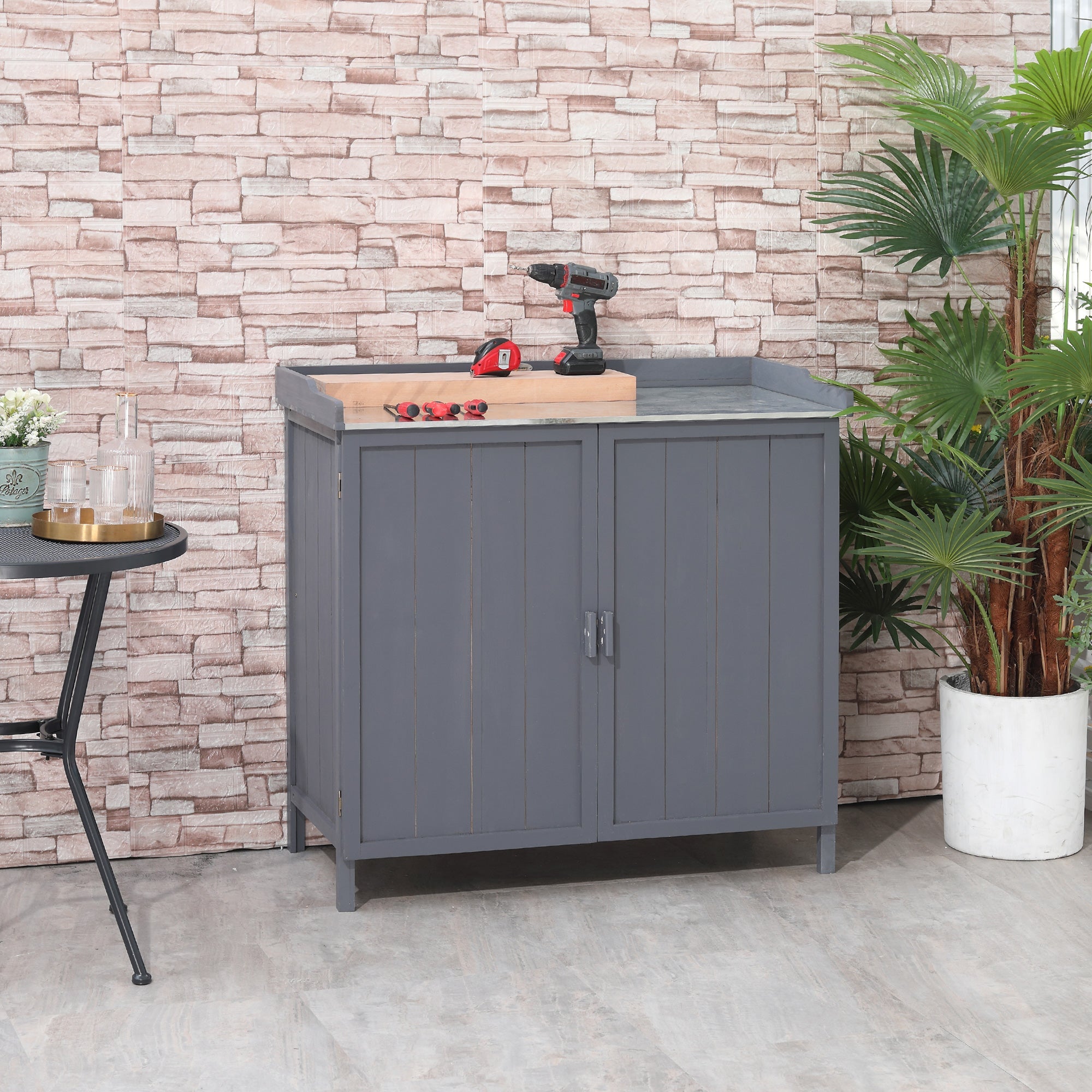 Garden Storage Cabinet, Outdoor Tool Shed, Potting Bench Table with Galvanized Top and Two Shelves for Yard Tools or Pool Accessories Outsunny