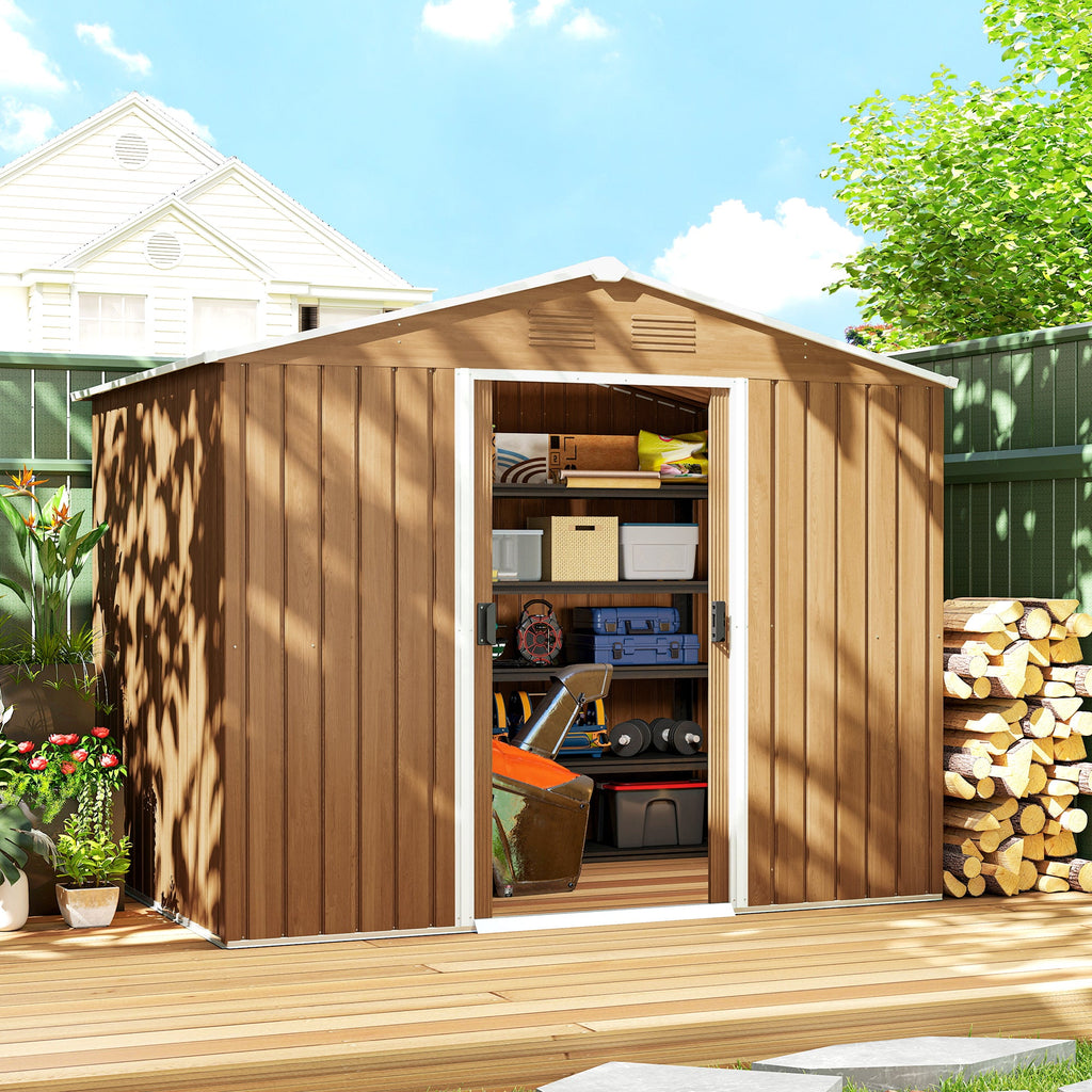 8x6 Metal Storage Shed Galvanised Steel Frame with Sloped Roof & Double Door for Homeowners, Brown Outsunny