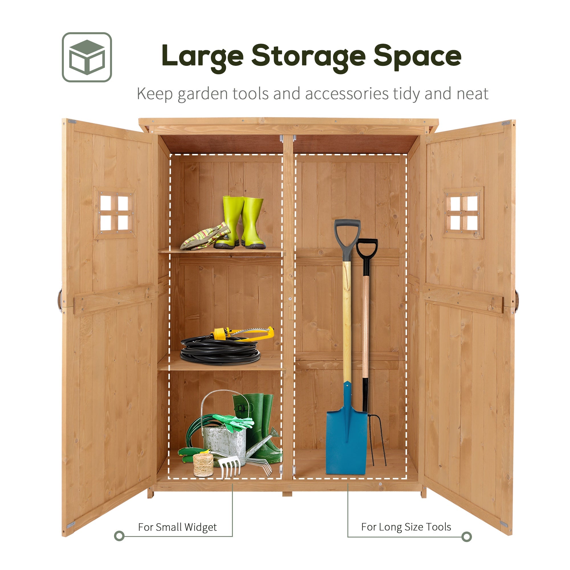 Wooden Garden Shed with Two Windows, Tool Storage Cabinet, Outdoor Double Door Organizer 127.5L x 50W x 164H cm, Natural Outsunny