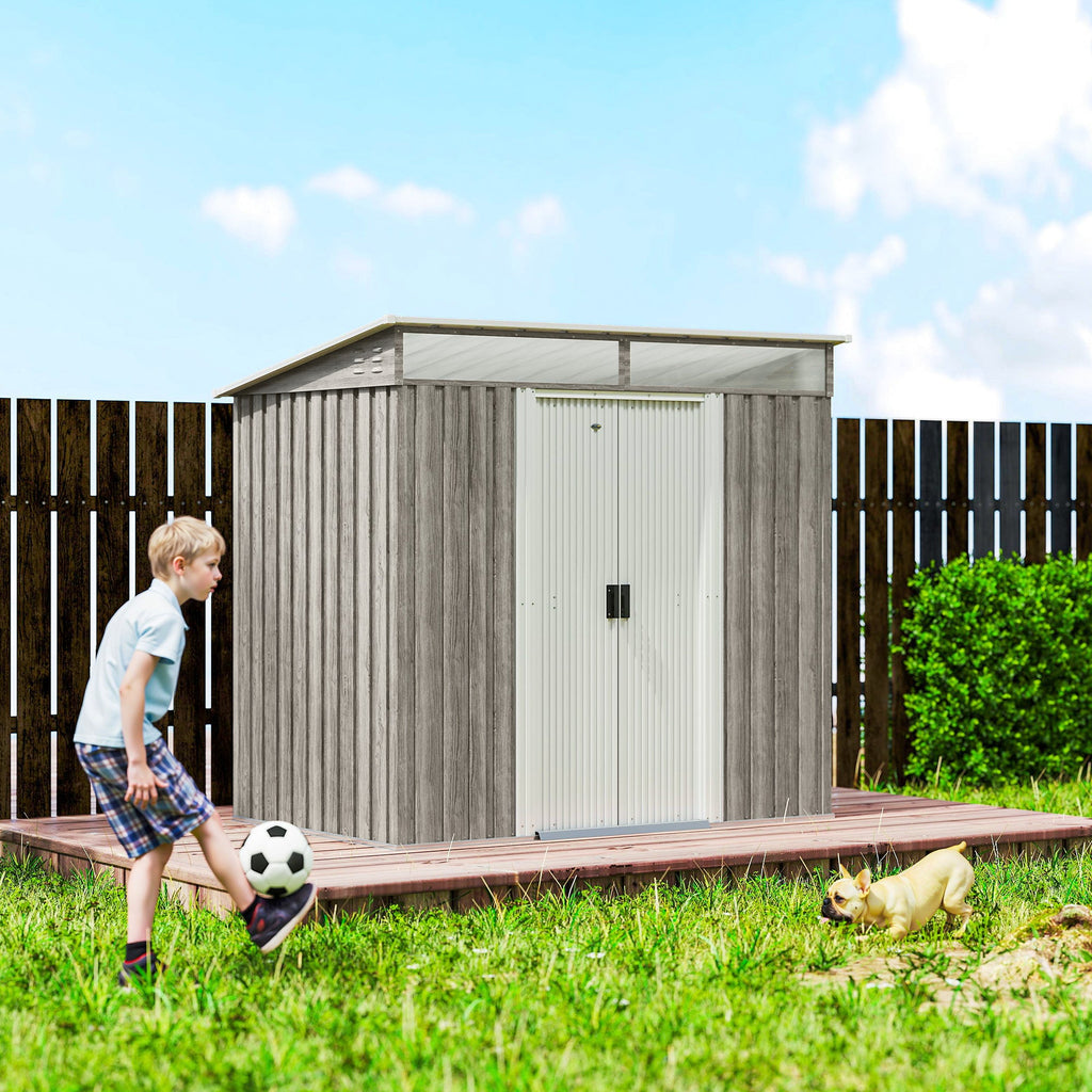 6.5 x 4FT Galvanised Metal Shed with Foundation Kit, Lockable Tool Garden Shed with Double Sliding Doors, Vents Wood Effect Outsunny