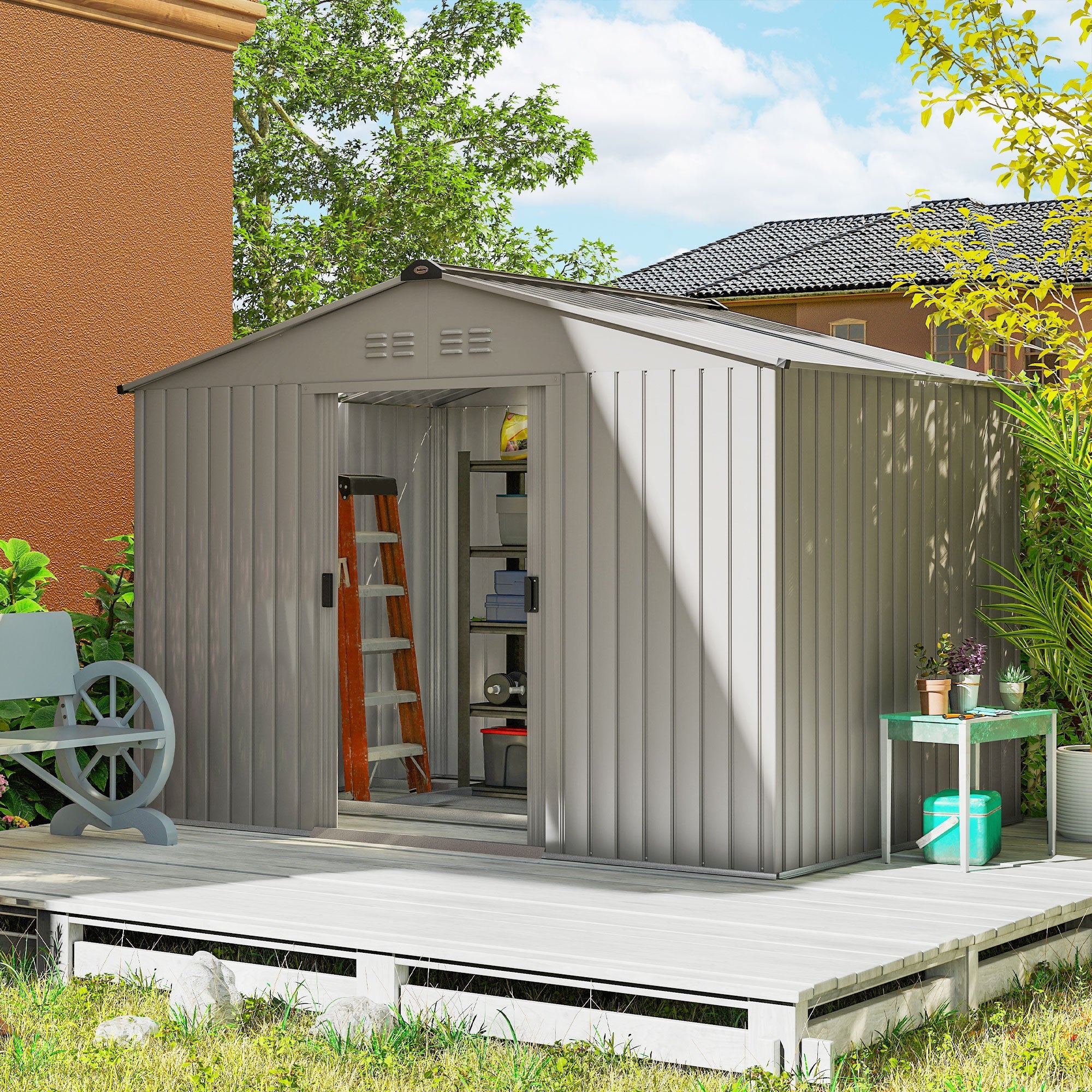 Garden Storage Shed, Metal Outdoor Storage Shed House with Foundation Kit, Ventilation, Doors, 9 x 6FT, Grey Outsunny
