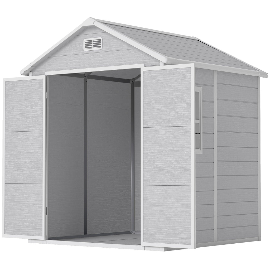 6 x 5ft Garden Shed, Plastic Shed with Floor, Window, Lockable Doors and Vents, Wood Effect Resin Tool Shed for Outdoor Patio Outsunny