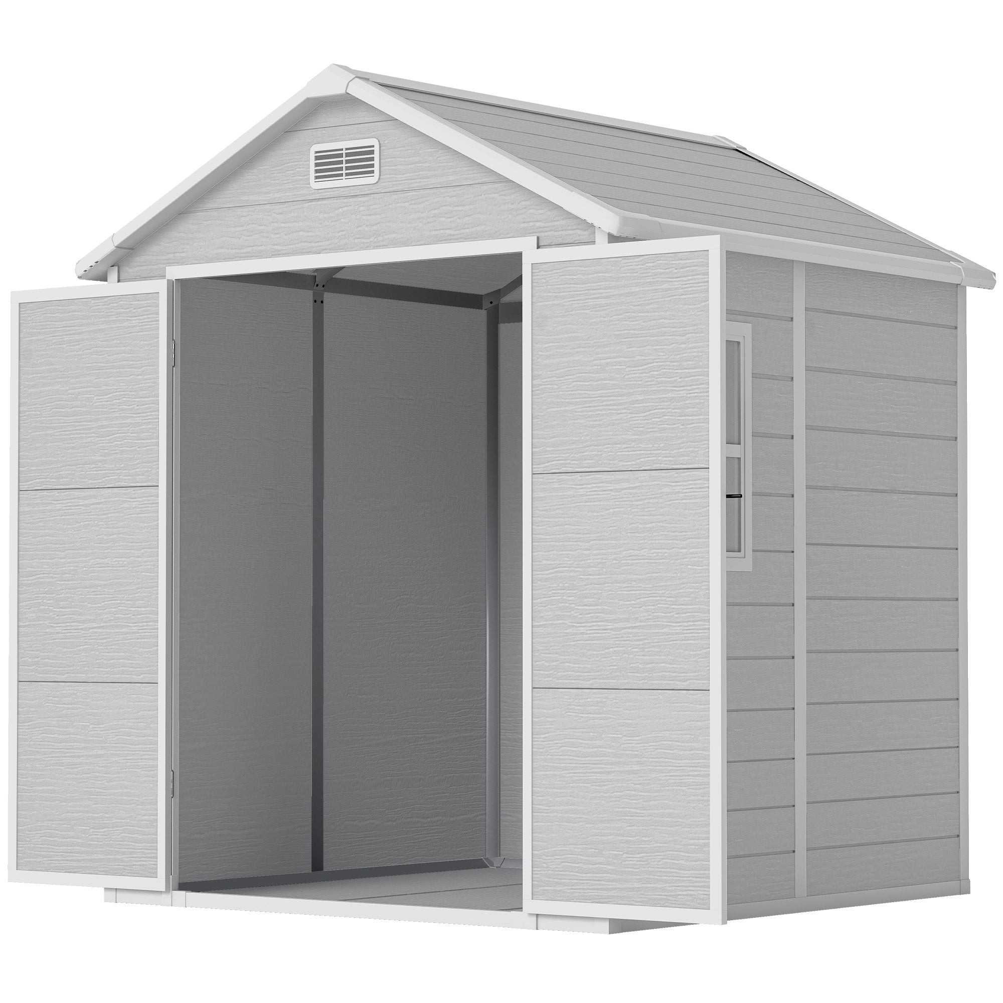 6 x 5ft Garden Shed, Plastic Shed with Floor, Window, Lockable Doors and Vents, Wood Effect Resin Tool Shed for Outdoor Patio Outsunny