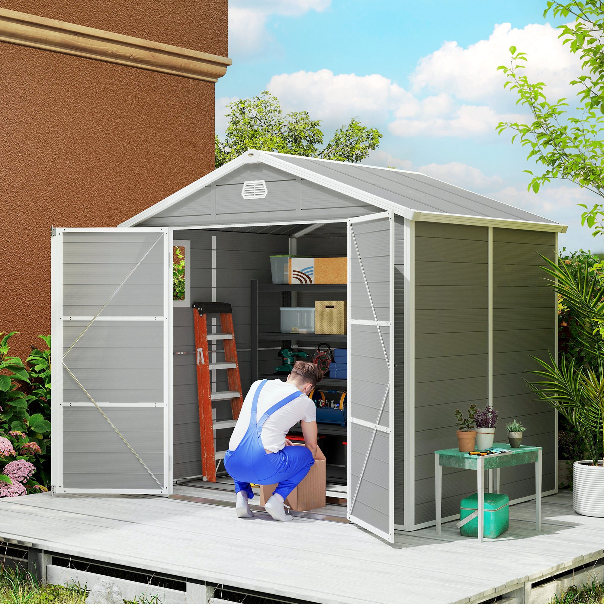 7.9ft x 6.2ft Aluminium Frame and Plastic Wall Shed, with Foundation Outsunny