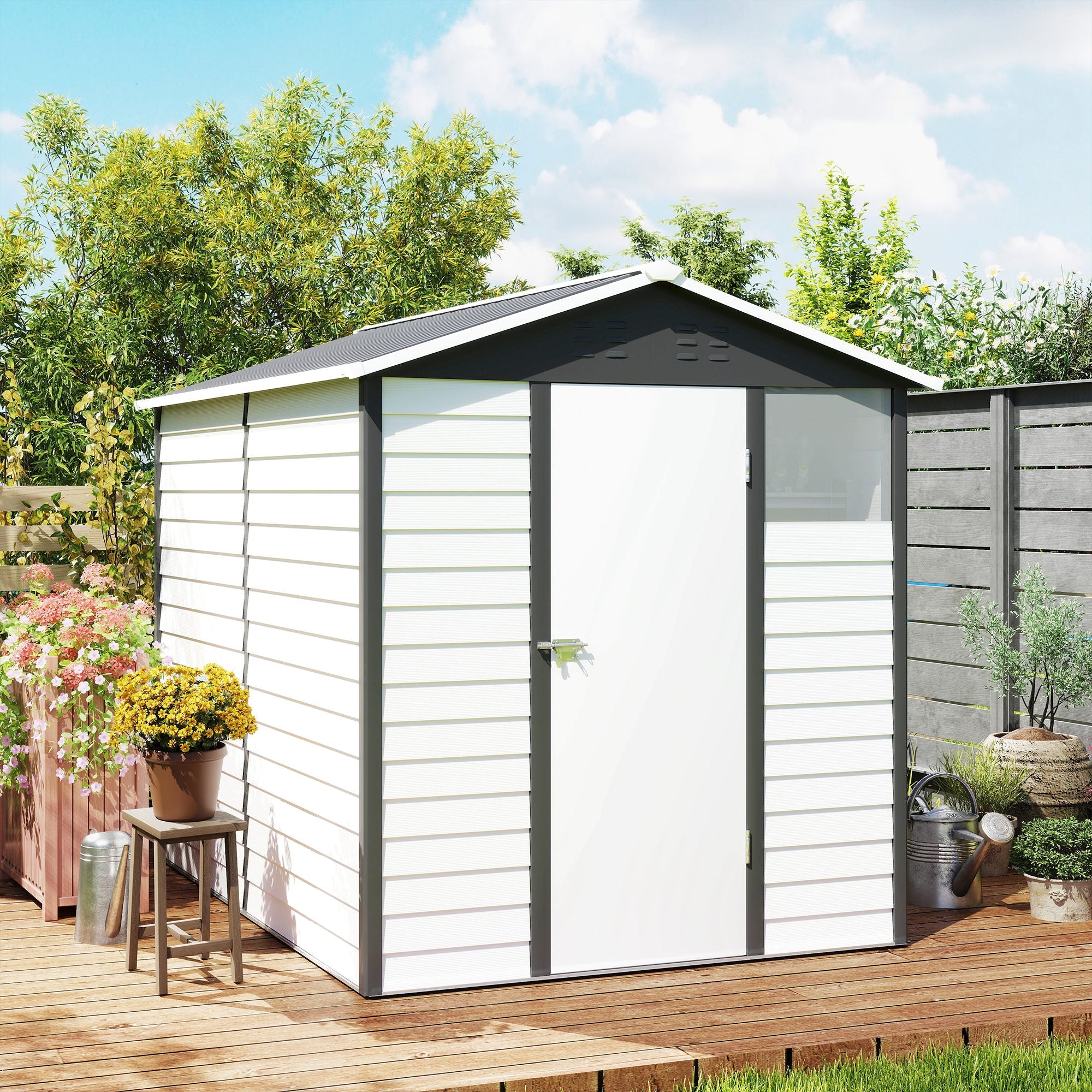 9x 6FT Metal Outdoor Garden Shed, Galvanised Tool Storage Shed w/ Sloped Roof, Lockable Door for Patio Lawn, Dark Grey Outsunny
