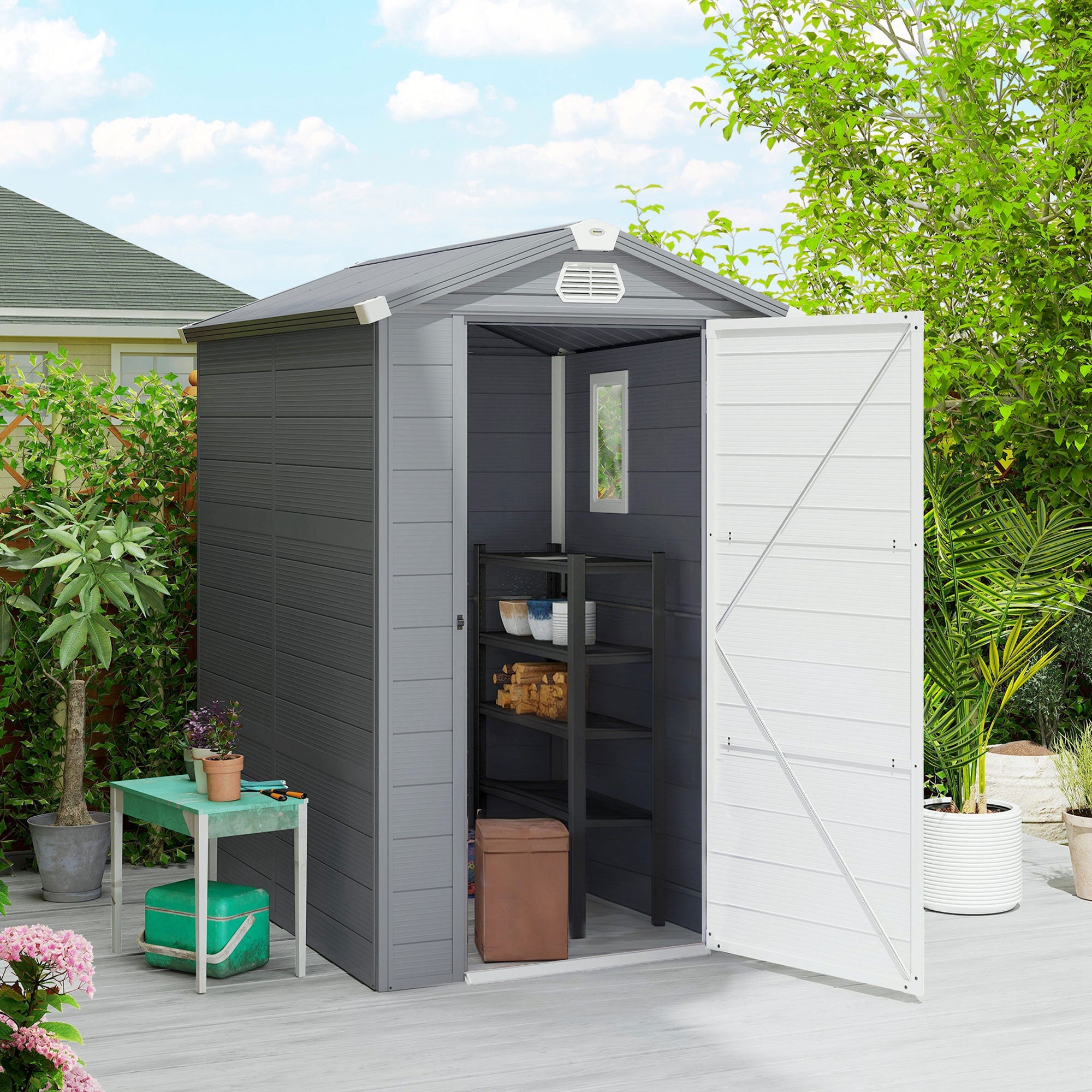 4.4ft x 6.2ft Aluminium Frame and Plastic Wall Shed, with Foundation Outsunny