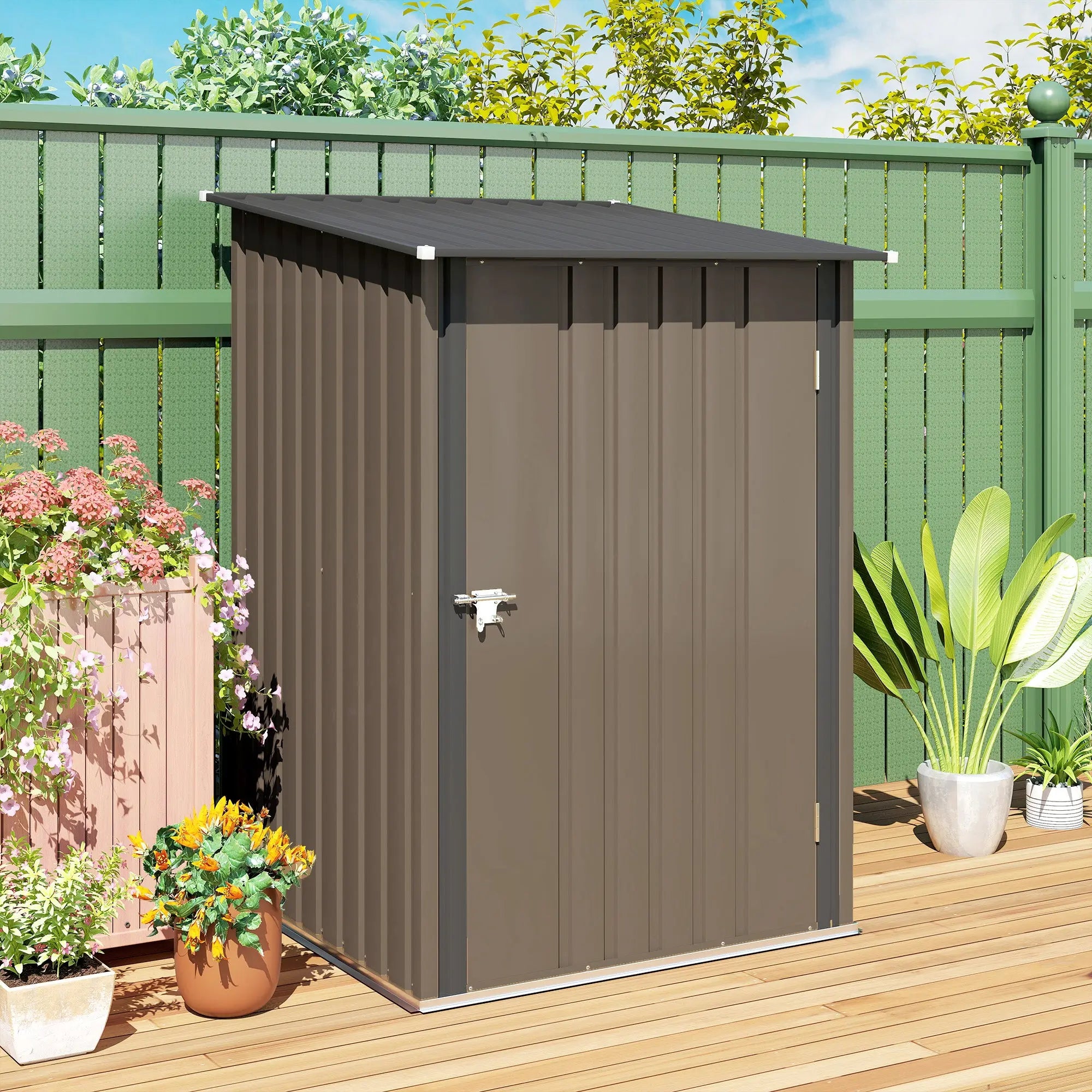 Small Metal Garden Shed 3.3 x 3.4 Lean To Steel Garden Shed with Locking Door, Brown Outsunny