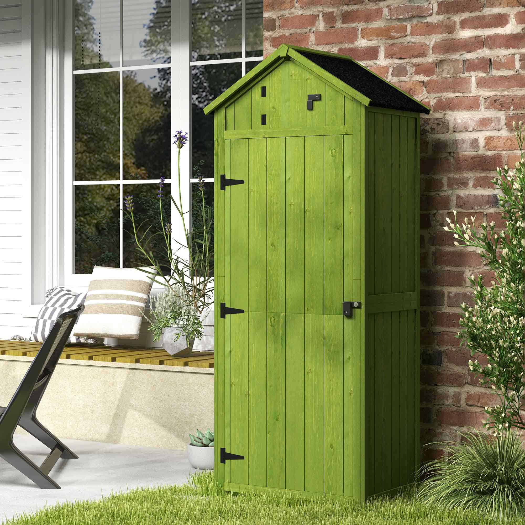 Small Shed, Tall Slim Wooden Garden Shed with 3 Removable Shelves and Roof Hatch, Compact Outdoor Tool Storage Cabinet with Asphalt Roof and Door Latch, 77 x 54.2 x 179 cm Outsunny