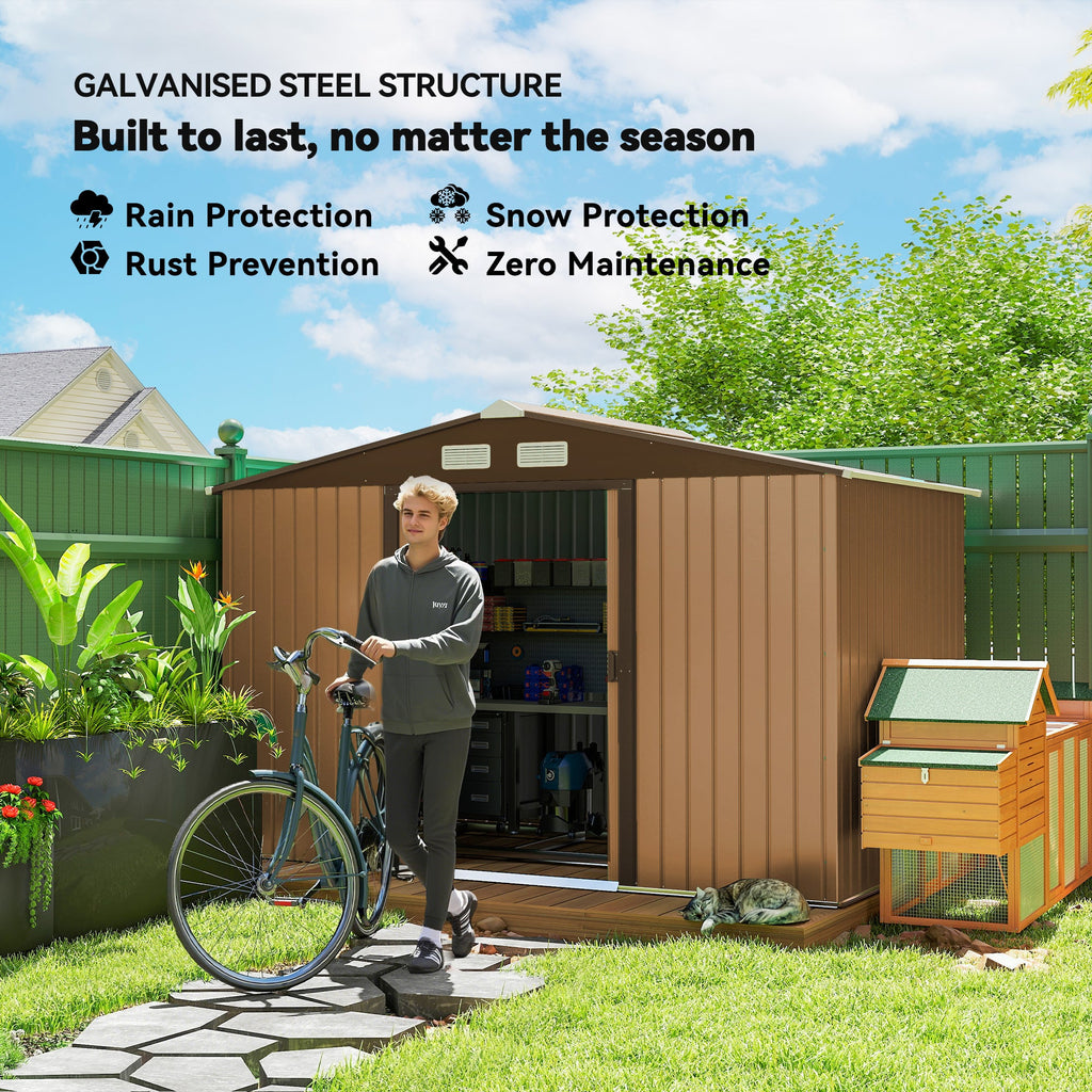 9 x 6ft Metal Garden Shed, Outdoor Storage Tool House with Ventilation Slots, Foundation Kit and Lockable Double Doors, Light Brown Outsunny