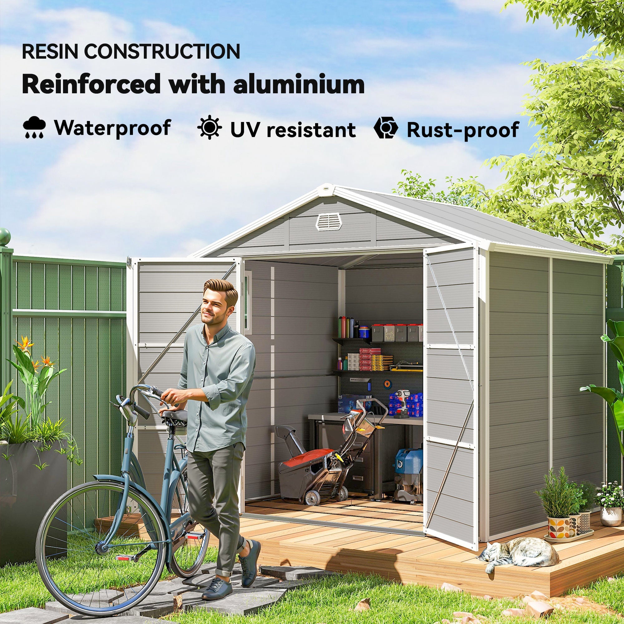 7.9ft x 6.2ft Aluminium Frame and Plastic Wall Shed, with Foundation Outsunny