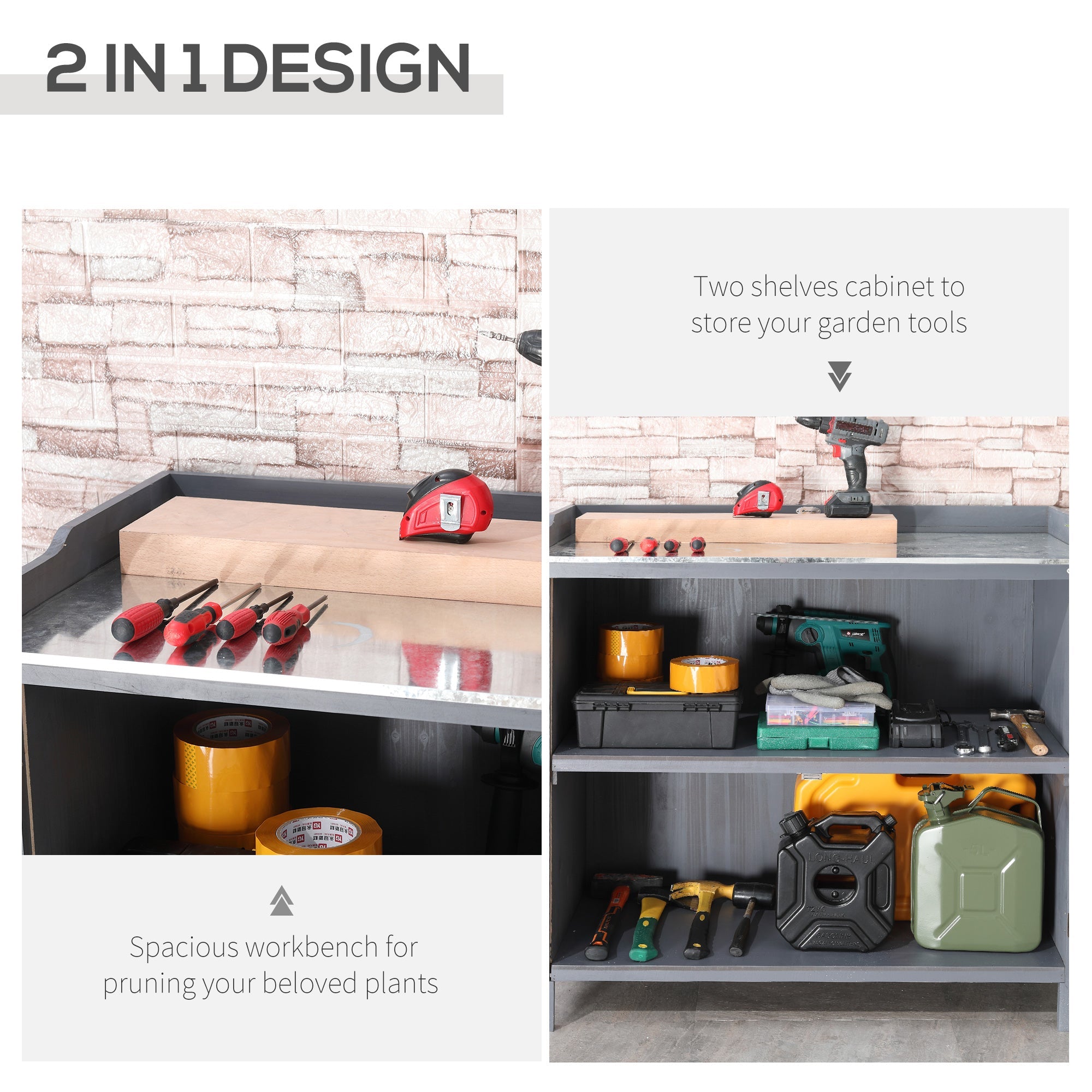 Garden Storage Cabinet, Outdoor Tool Shed, Potting Bench Table with Galvanized Top and Two Shelves for Yard Tools or Pool Accessories Outsunny