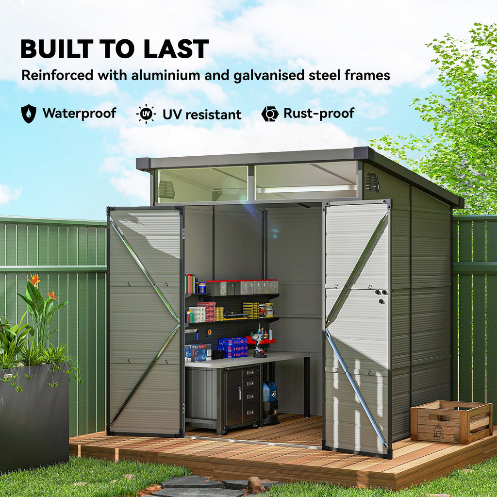 6 x 6ft Outdoor Storage Shed, Plastic Garden Shed with Windows and Air Vents, Outdoor Resin Tool Shed with Latch Doors for Garden, Deck Outsunny