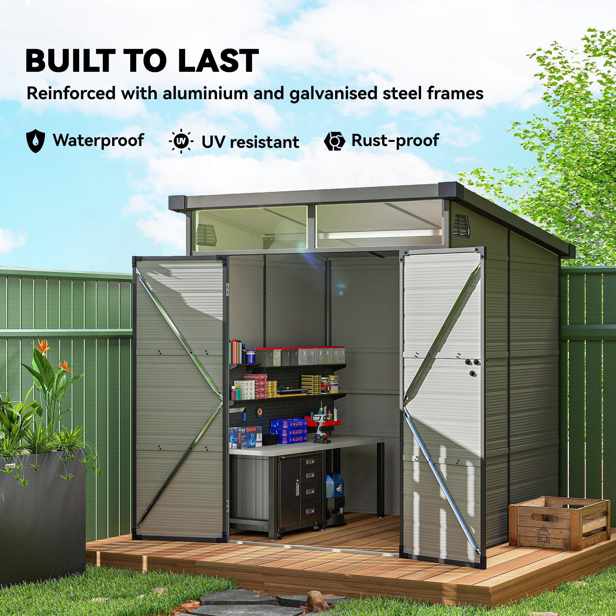 6 x 6ft Outdoor Storage Shed, Plastic Garden Shed with Windows and Air Vents, Outdoor Resin Tool Shed with Latch Doors for Garden, Deck Outsunny