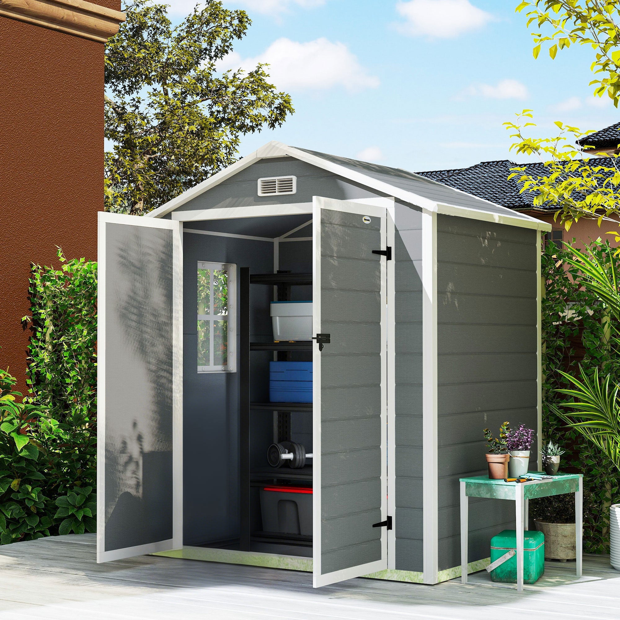 6'x4.5' Garden Storage Shed, Lockable Garden Shed with Double Doors, Window, Vent and Plastic Roof, Grey Outsunny