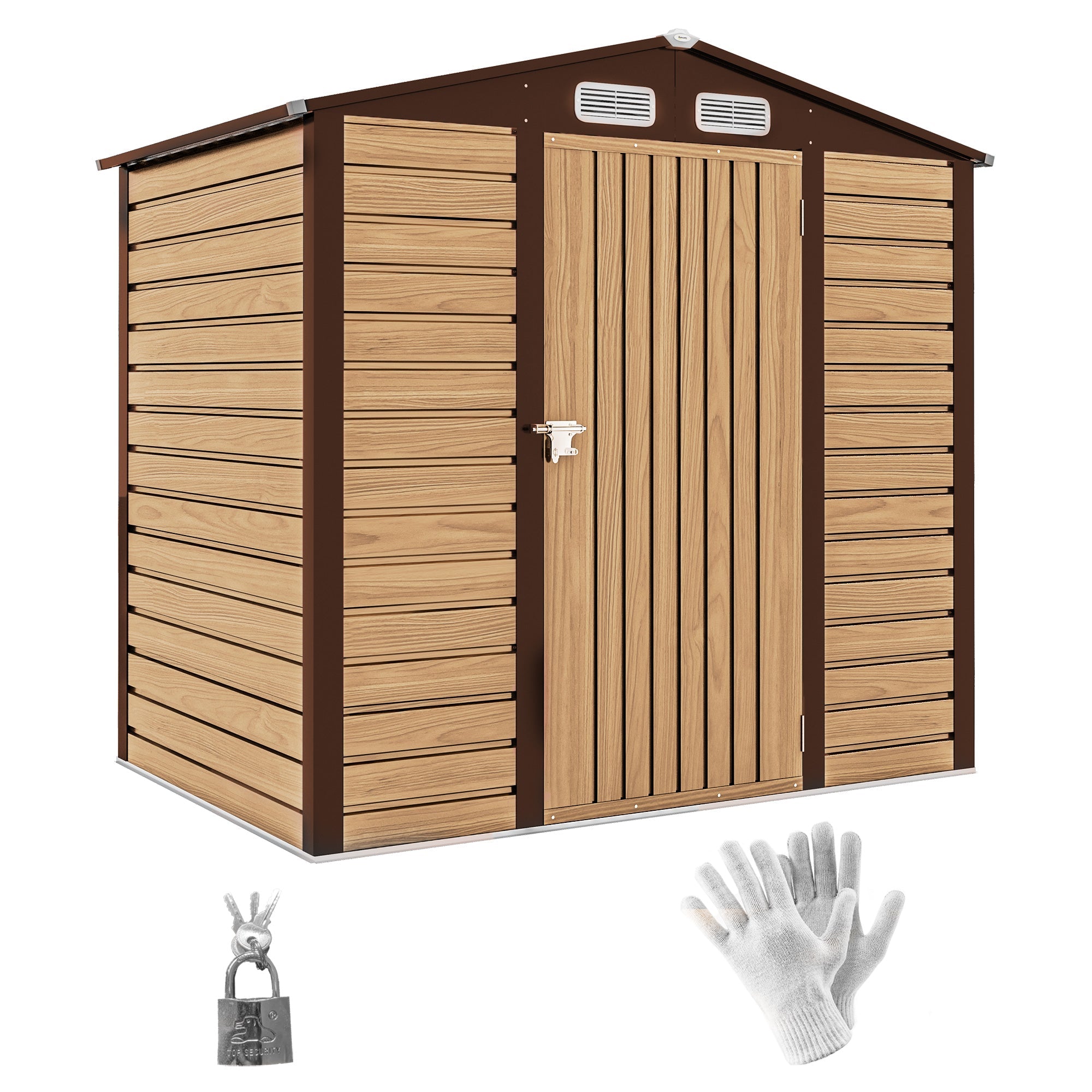 4 x 6ft Galvanised Steel Garden Shed, with Lock and Gloves - Oak Outsunny