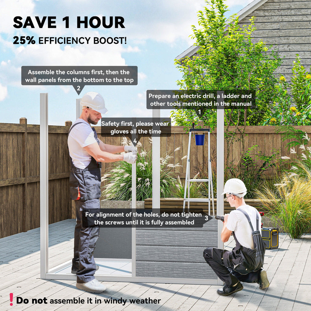 6 x 4ft Garden Shed, Plastic Shed with Floor, Window, Lockable Door and Vents, Wood Effect Resin Tool Shed for Outdoor, Grey Outsunny