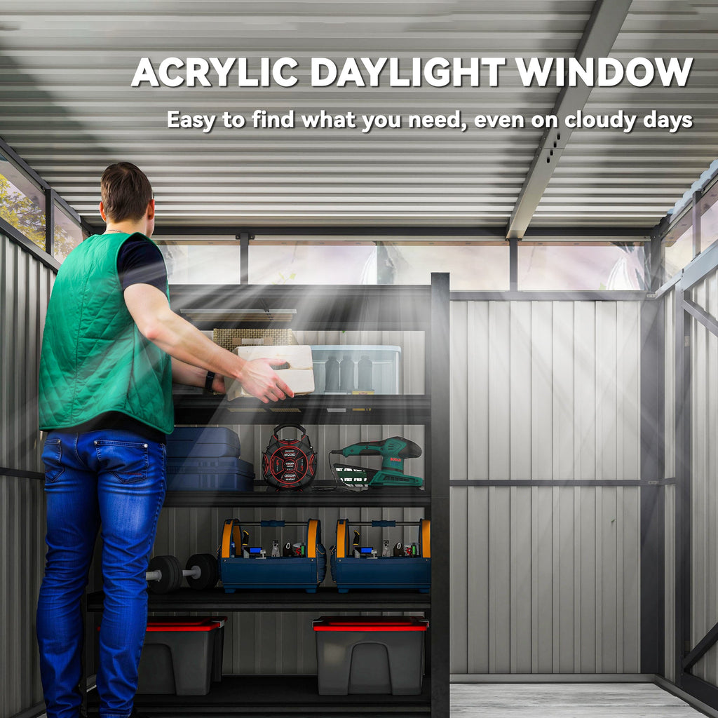 5.3 x 8.5ft Galvanised Steel Garden Shed, Metal Shed with Roof Windows, Leakage Holes and Lockable Wide Door for Outdoor Patio Tool Storage Outsunny