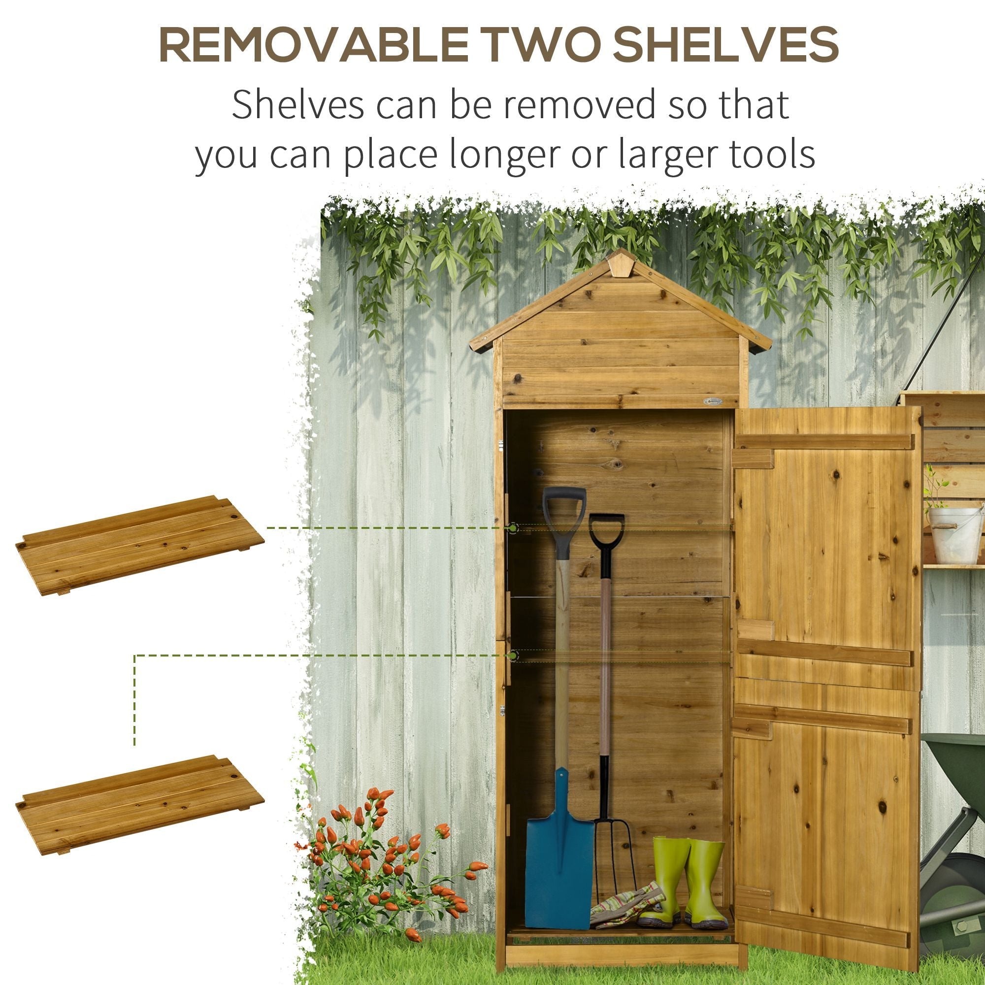 Wooden Garden Storage Shed Utility Gardener Cabinet w/ 3 Shelves and 2 Door, 191.5cm x 79cm x 49cm, Natural wood effect Outsunny