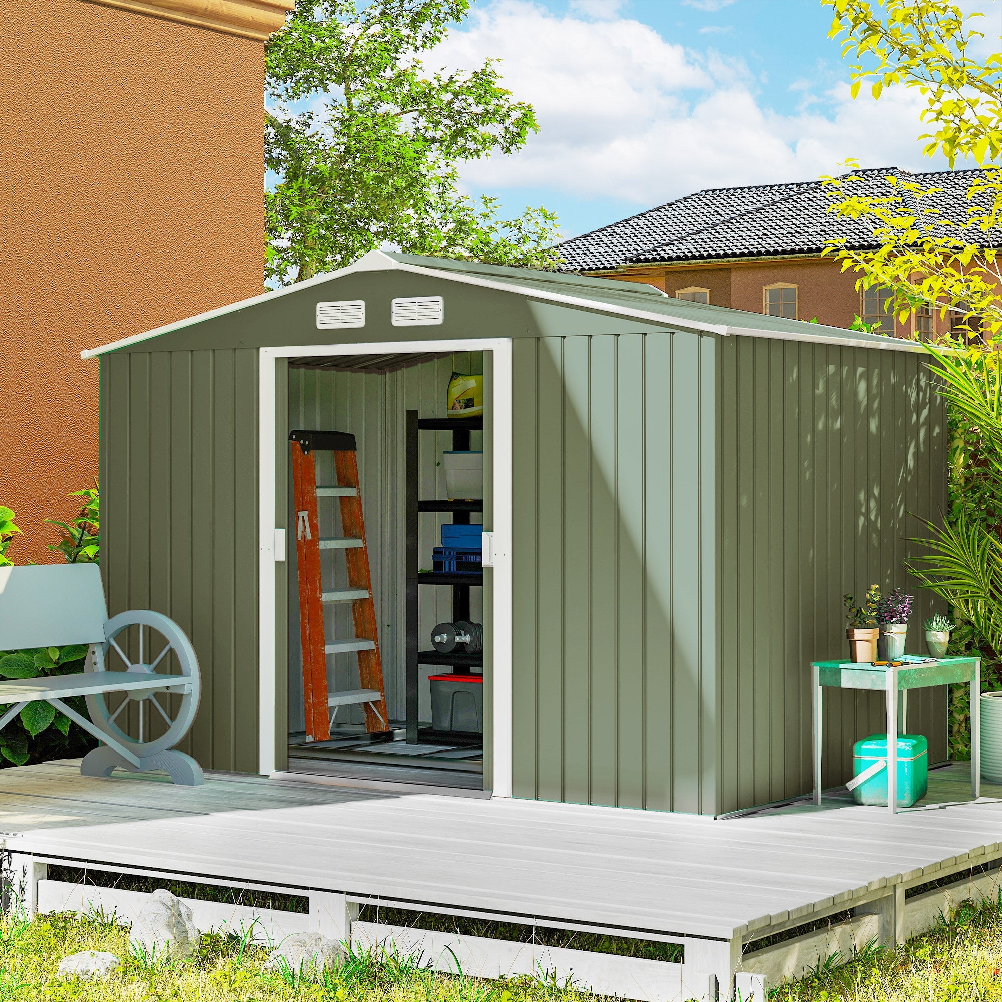 9 x 6ft Metal Garden Shed, Outdoor Storage Tool House with Ventilation Slots, Foundation Kit and Lockable Double Doors Outsunny