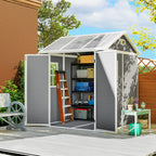 6 x 6ft Garden Shed with Floor, Window, Lockable Doors and Vents, Wood Effect Resin Tool Shed for Outdoor Patio, Grey Outsunny