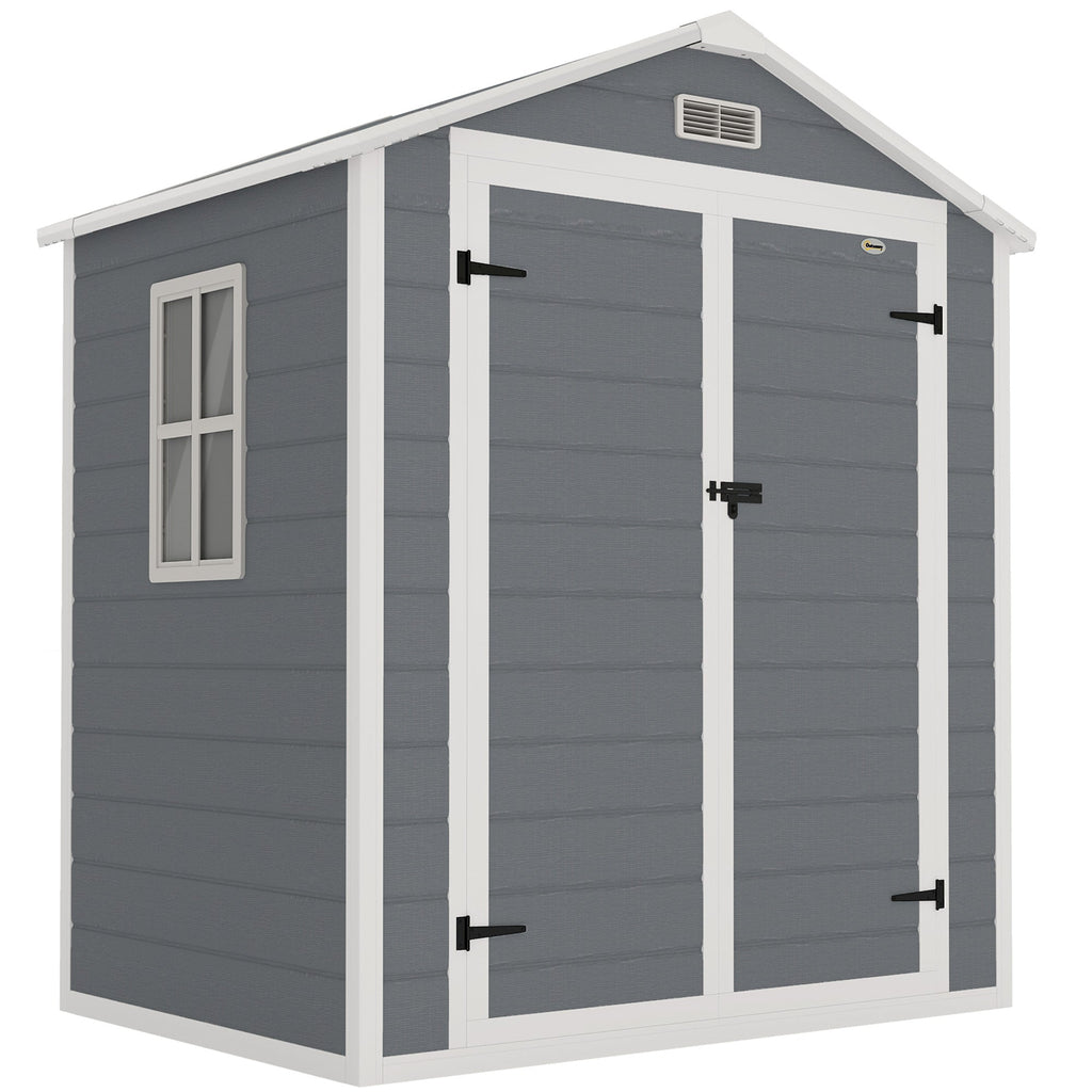 6'x4.5' Garden Storage Shed, Lockable Garden Shed with Double Doors, Window, Vent and Plastic Roof, Grey Outsunny