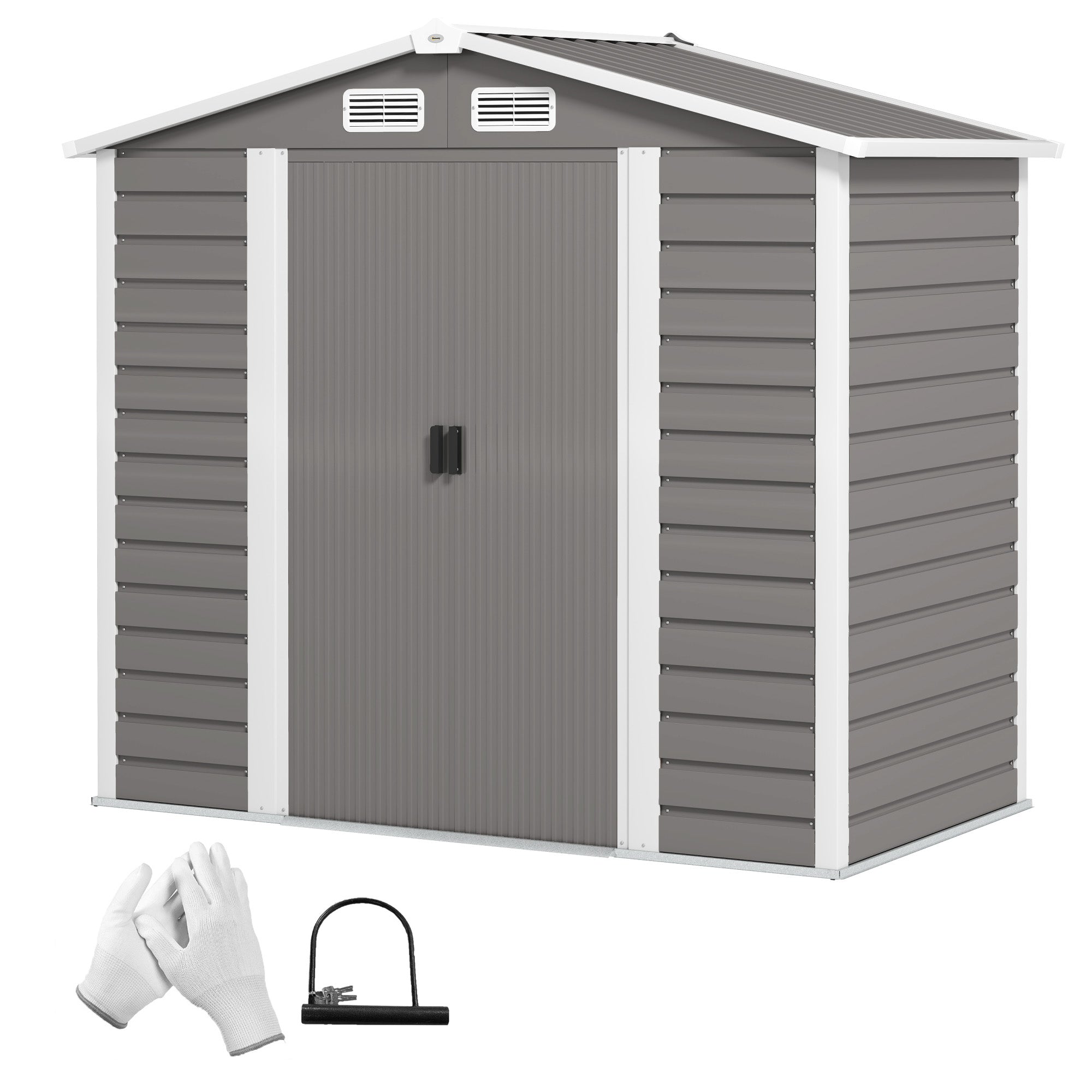 7 x 4ft Garden Shed, Easy to Assemble, Upgraded Galvanised Steel Frame with Foundation Kit, Double Doors with Lock, Outdoor Metal Shed with Vents and Gloves, Garden Storage Shed Outsunny
