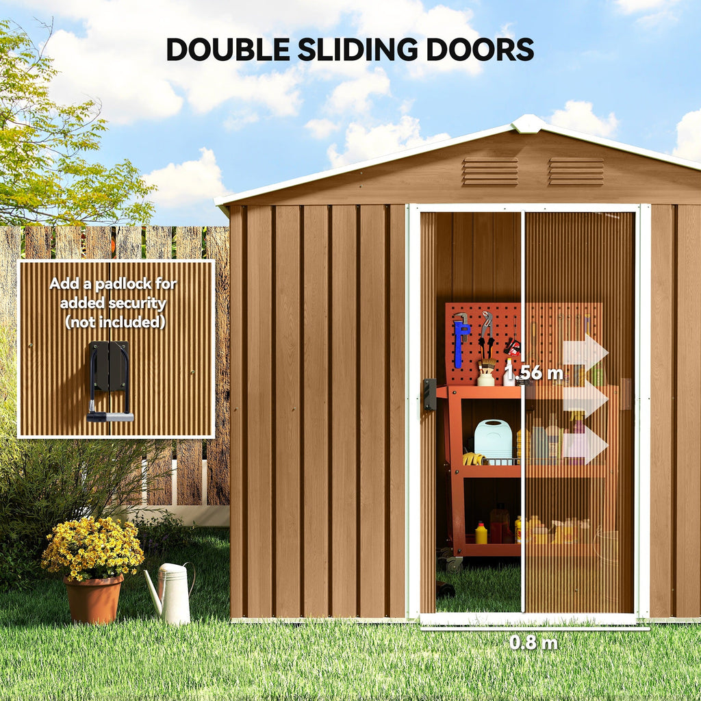 8x6 Metal Storage Shed Galvanised Steel Frame with Sloped Roof & Double Door for Homeowners, Brown Outsunny