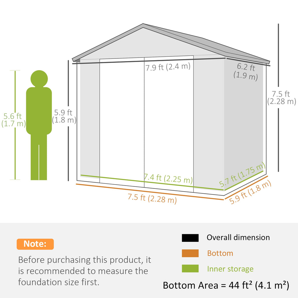 7.9ft x 6.2ft Aluminium Frame and Plastic Wall Shed, with Foundation Outsunny