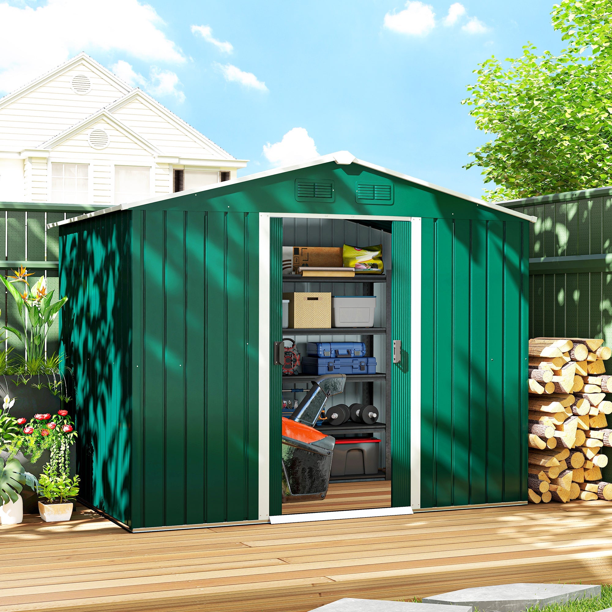 Large Garden Storage Shed, 7.7 x 5.7 with Ventilation Slots and Sliding Doors for Gardeners Outsunny