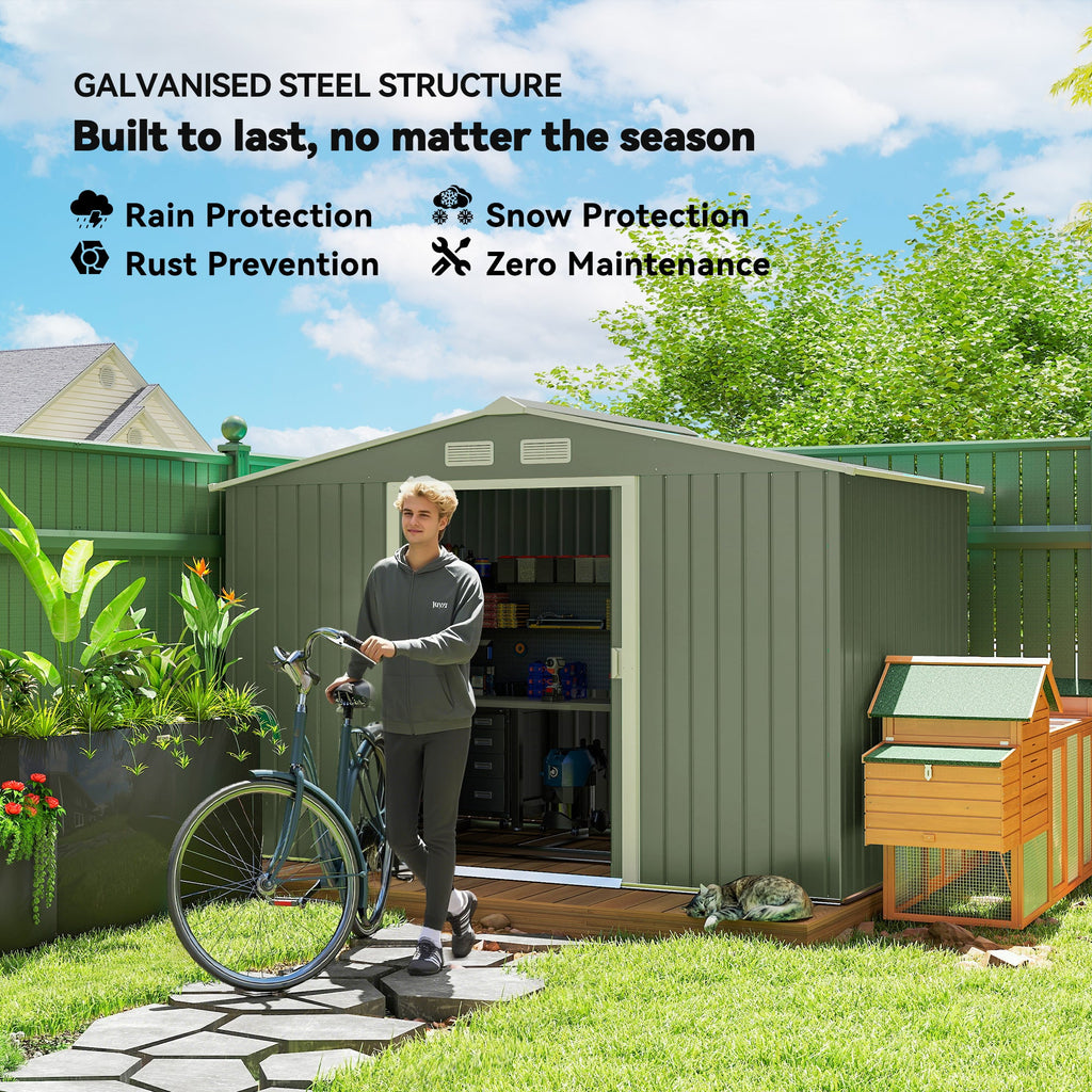 9 x 6ft Metal Garden Shed, Outdoor Storage Tool House with Ventilation Slots, Foundation Kit and Lockable Double Doors Outsunny